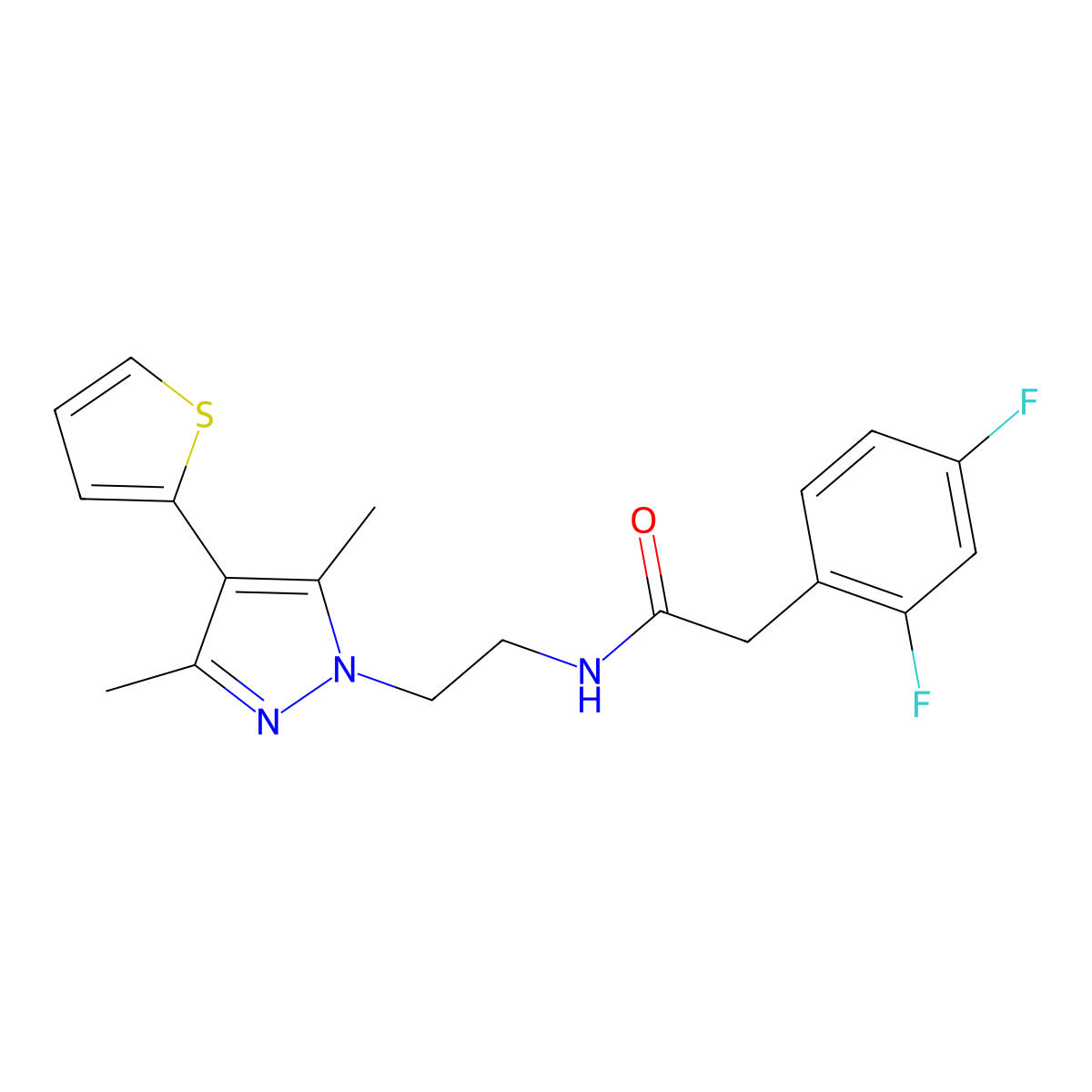 2-(2,4-difluorophenyl)-N-(2-(3,5-dimethyl-4-(thiophen-2-yl)-1H-pyrazol-1-yl)ethyl)acetamide molecular structure, CAS 2034323-97-0