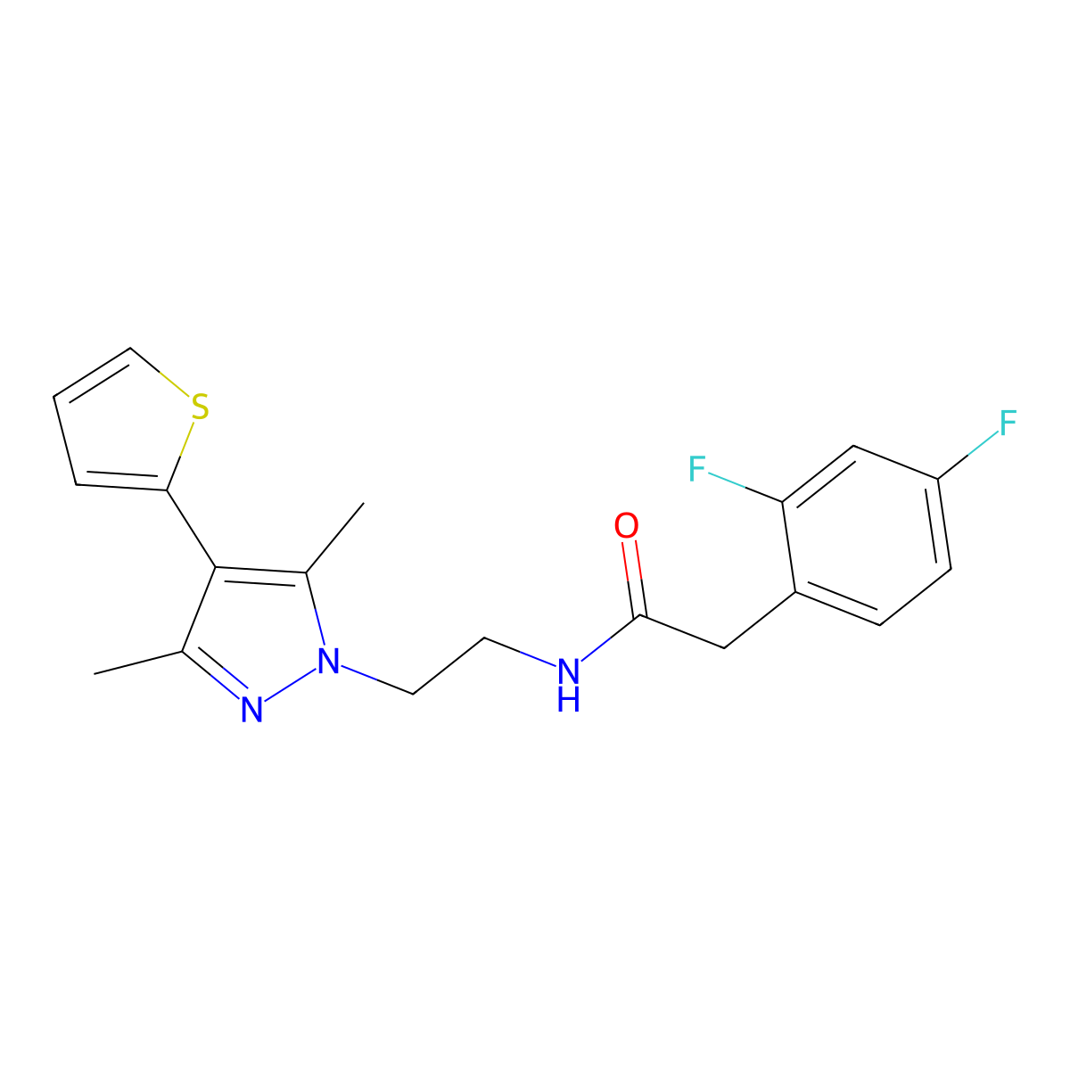 2-(2,4-difluorophenyl)-N-(2-(3,5-dimethyl-4-(thiophen-2-yl)-1H-pyrazol-1-yl)ethyl)acetamide molecular structure, CAS 2034323-97-0