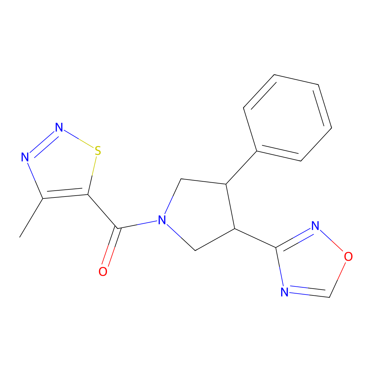 (3-(1,2,4-Oxadiazol-3-yl)-4-phenylpyrrolidin-1-yl)(4-methyl-1,2,3-thiadiazol-5-yl)methanone molecular structure, CAS 2034324-02-0