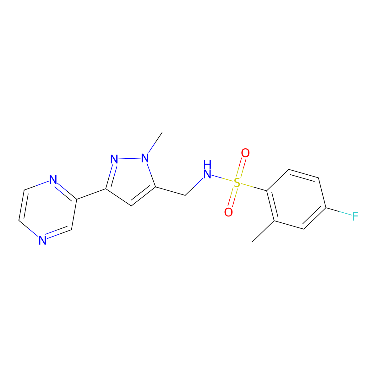 4-fluoro-2-methyl-N-((1-methyl-3-(pyrazin-2-yl)-1H-pyrazol-5-yl)methyl)benzenesulfonamide molecular structure, CAS 2034324-15-5