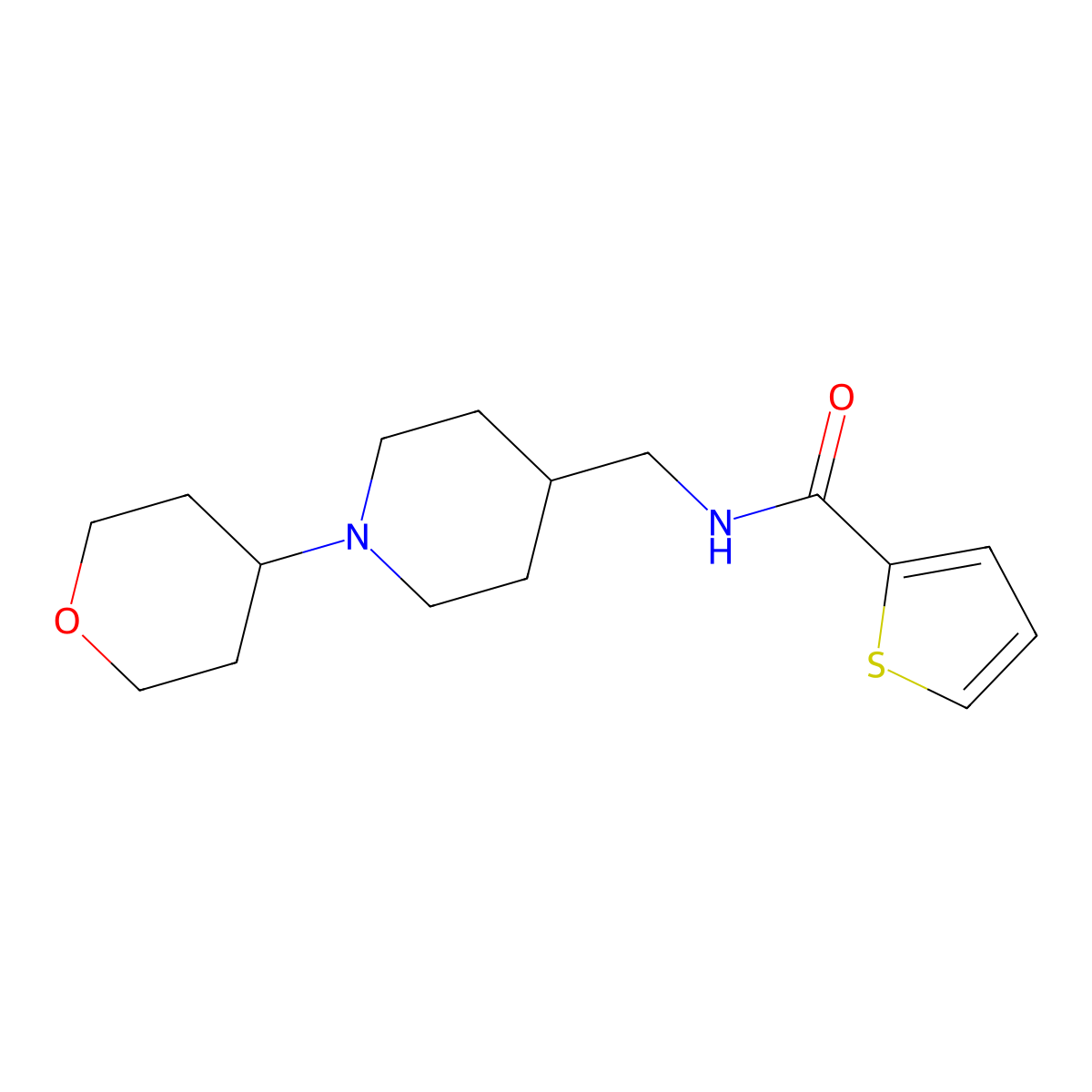 N-((1-(tetrahydro-2H-pyran-4-yl)piperidin-4-yl)methyl)thiophene-2-carboxamide molecular structure, CAS 2034324-19-9