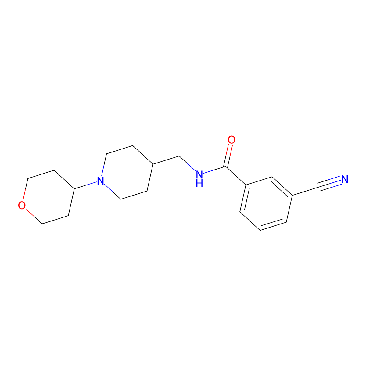 3-cyano-N-((1-(tetrahydro-2H-pyran-4-yl)piperidin-4-yl)methyl)benzamide molecular structure, CAS 2034324-31-5