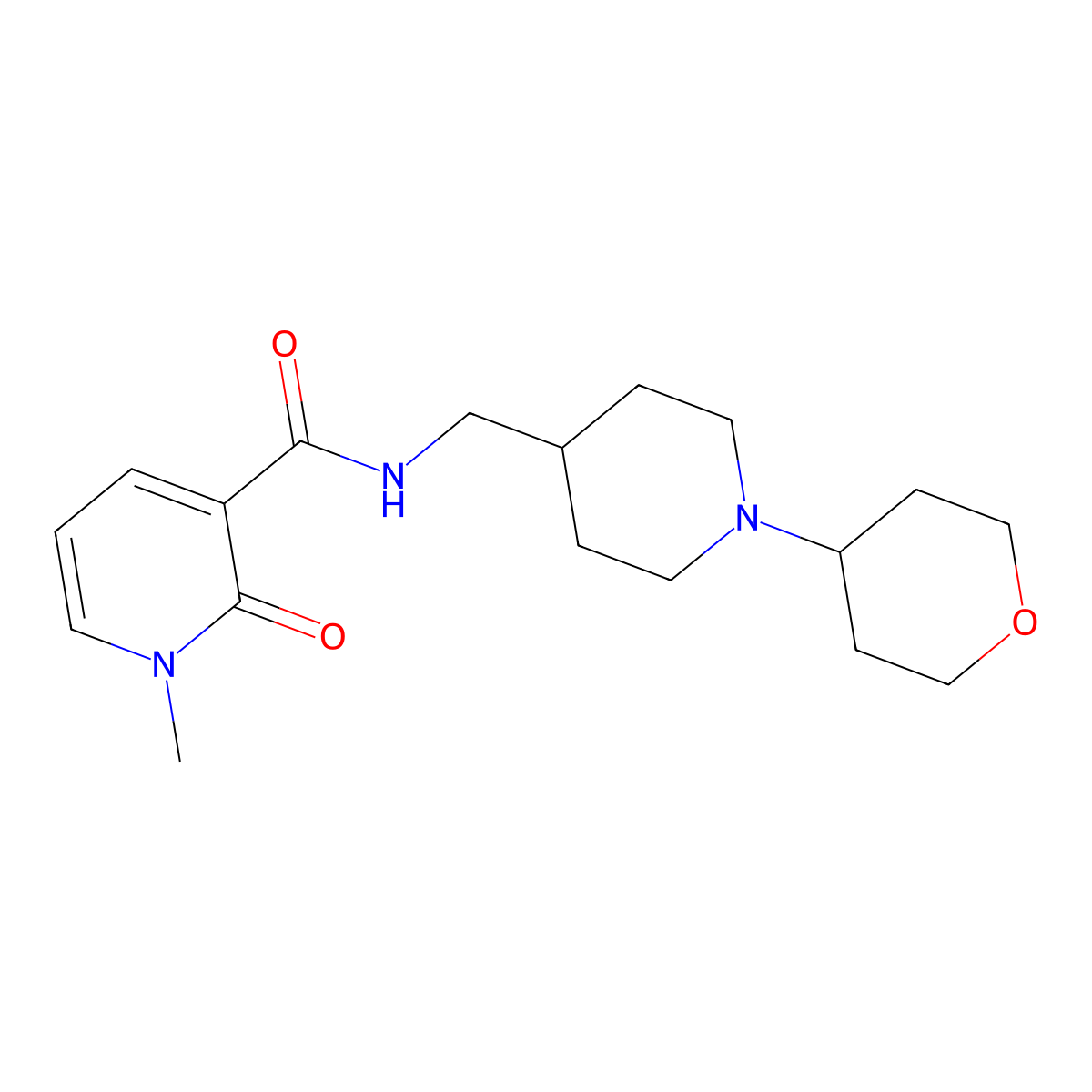 1-methyl-2-oxo-N-((1-(tetrahydro-2H-pyran-4-yl)piperidin-4-yl)methyl)-1,2-dihydropyridine-3-carboxamide molecular structure, CAS 2034324-44-0