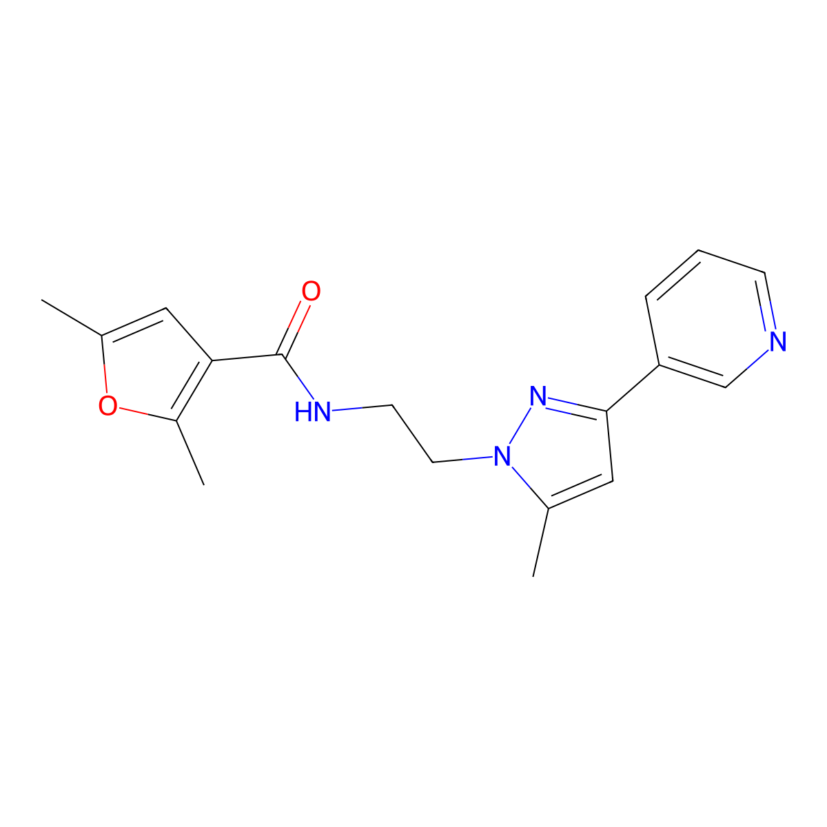 2,5-dimethyl-N-(2-(5-methyl-3-(pyridin-3-yl)-1H-pyrazol-1-yl)ethyl)furan-3-carboxamide molecular structure, CAS 2034324-47-3