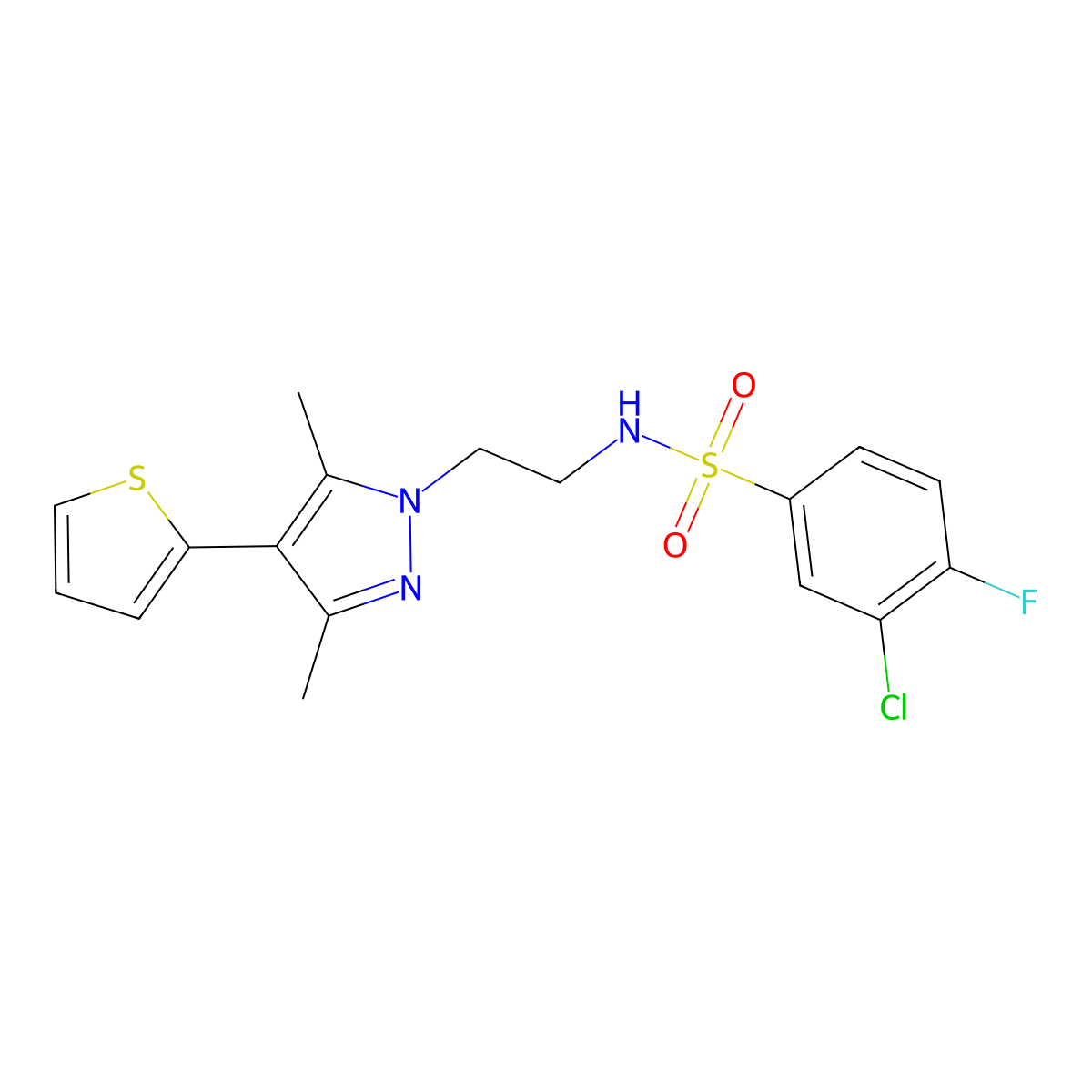 3-chloro-N-(2-(3,5-dimethyl-4-(thiophen-2-yl)-1H-pyrazol-1-yl)ethyl)-4-fluorobenzenesulfonamide molecular structure, CAS 2034324-49-5
