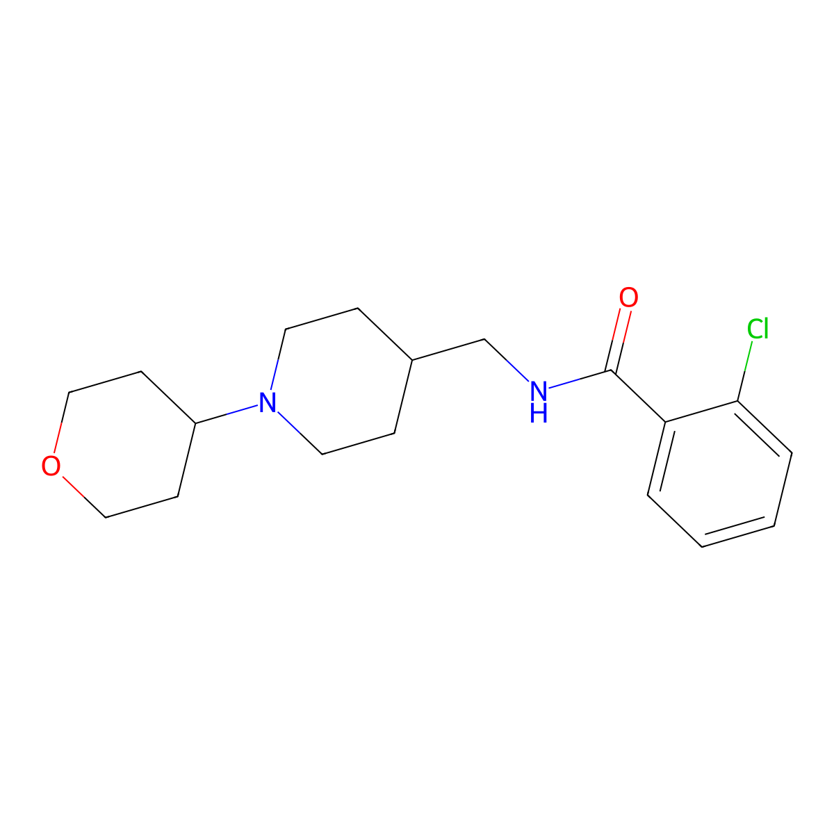 2-chloro-N-((1-(tetrahydro-2H-pyran-4-yl)piperidin-4-yl)methyl)benzamide molecular structure, CAS 2034324-52-0