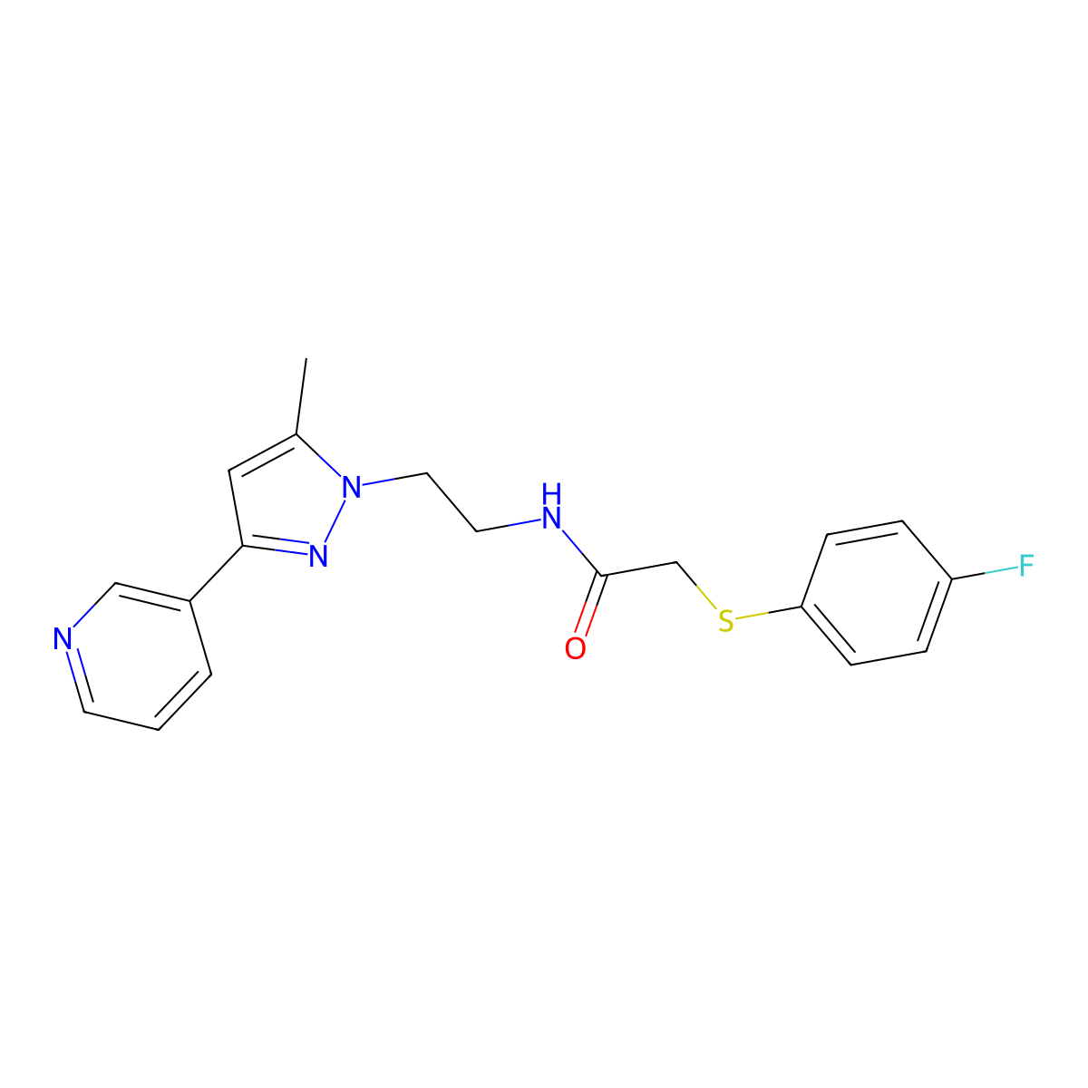 2-((4-fluorophenyl)thio)-N-(2-(5-methyl-3-(pyridin-3-yl)-1H-pyrazol-1-yl)ethyl)acetamide molecular structure, CAS 2034324-56-4