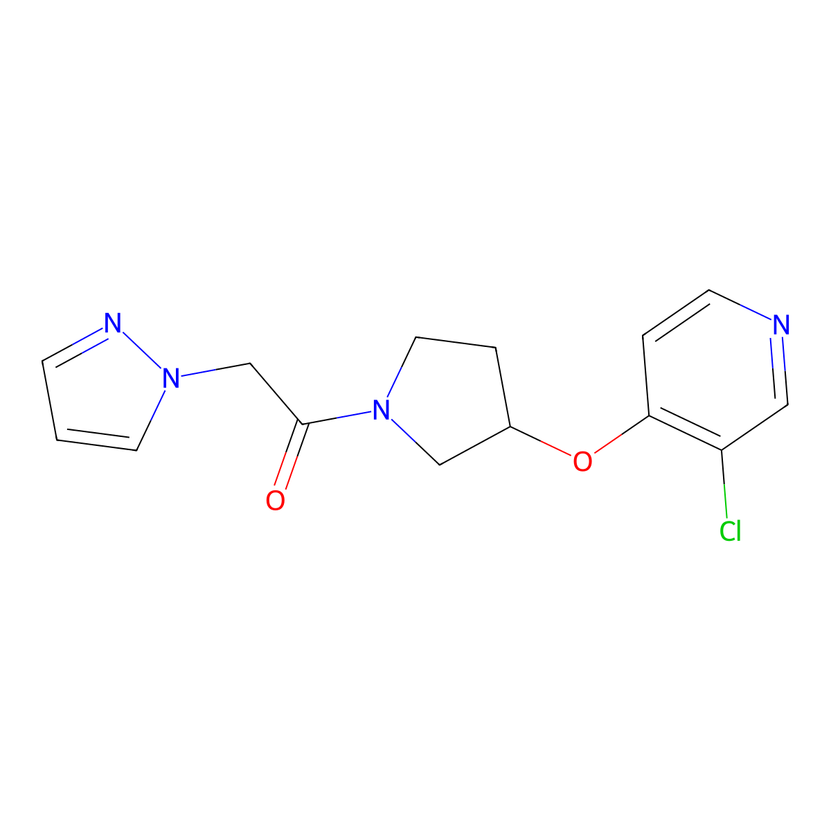 1-(3-((3-chloropyridin-4-yl)oxy)pyrrolidin-1-yl)-2-(1H-pyrazol-1-yl)ethanone molecular structure, CAS 2034324-58-6