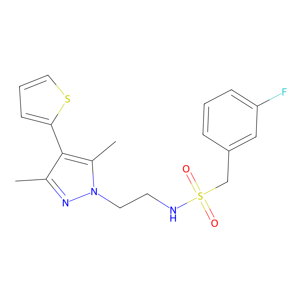 N-(2-(3,5-dimethyl-4-(thiophen-2-yl)-1H-pyrazol-1-yl)ethyl)-1-(3-fluorophenyl)methanesulfonamide molecular structure, CAS 2034324-59-7