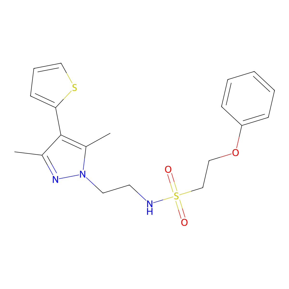N-{2-[3,5-dimethyl-4-(thiophen-2-yl)-1H-pyrazol-1-yl]ethyl}-2-phenoxyethane-1-sulfonamide molecular structure, CAS 2034324-62-2