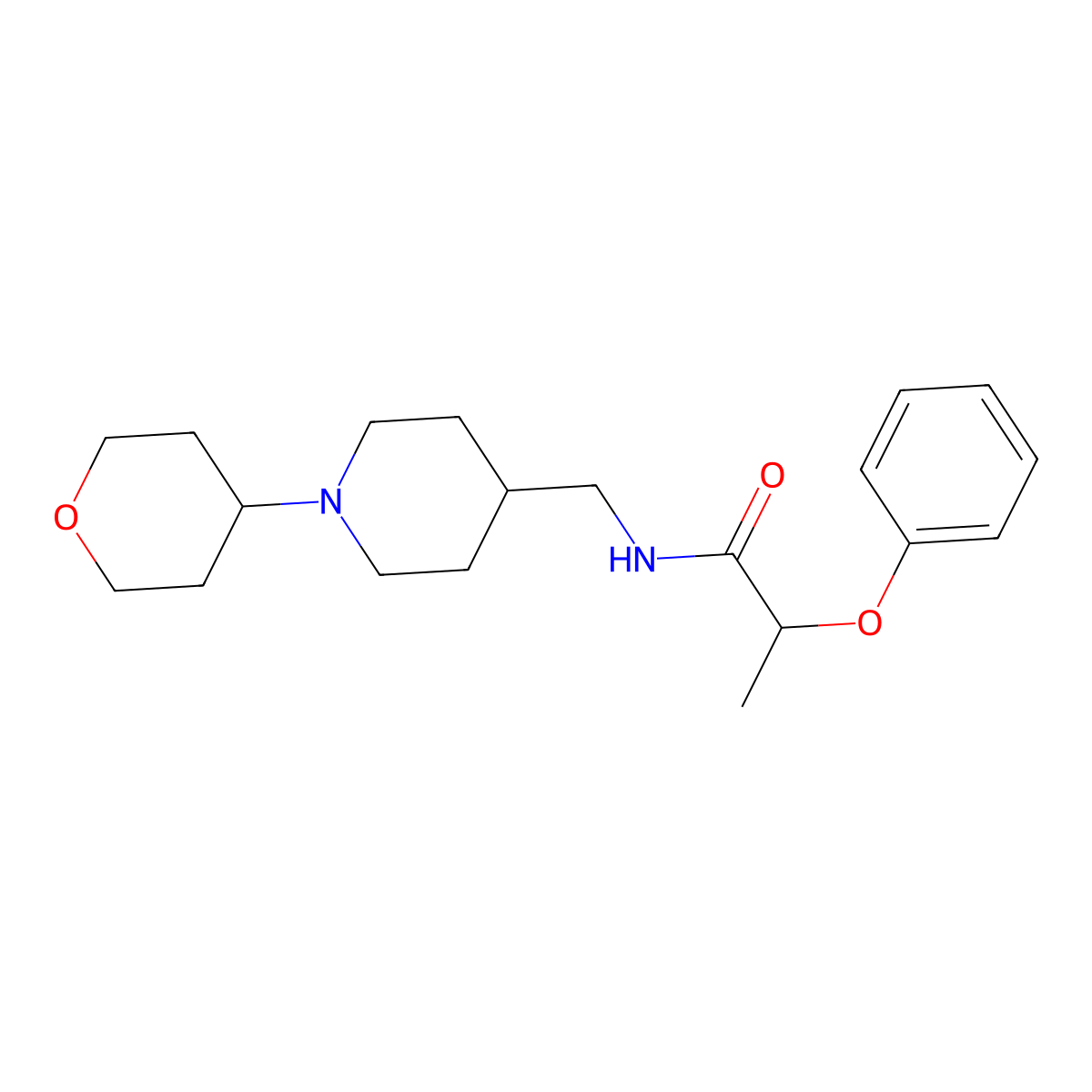 2-phenoxy-N-((1-(tetrahydro-2H-pyran-4-yl)piperidin-4-yl)methyl)propanamide molecular structure, CAS 2034324-64-4
