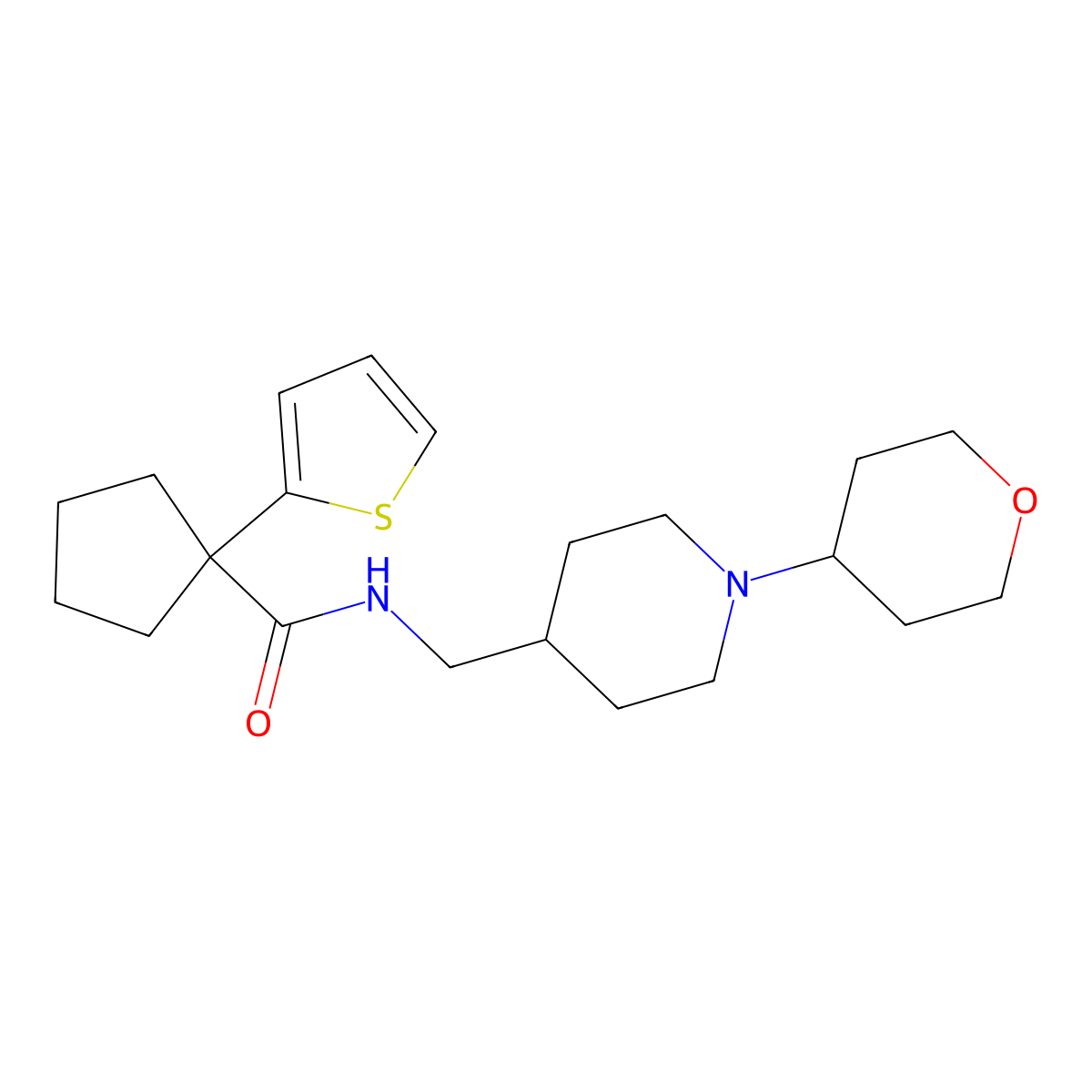 N-((1-(tetrahydro-2H-pyran-4-yl)piperidin-4-yl)methyl)-1-(thiophen-2-yl)cyclopentanecarboxamide molecular structure, CAS 2034324-70-2