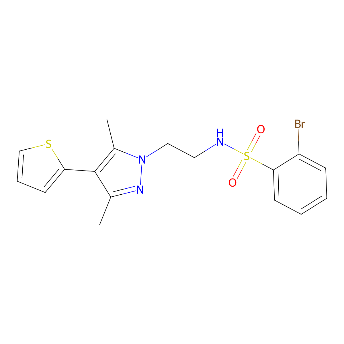 2-bromo-N-(2-(3,5-dimethyl-4-(thiophen-2-yl)-1H-pyrazol-1-yl)ethyl)benzenesulfonamide molecular structure, CAS 2034324-79-1