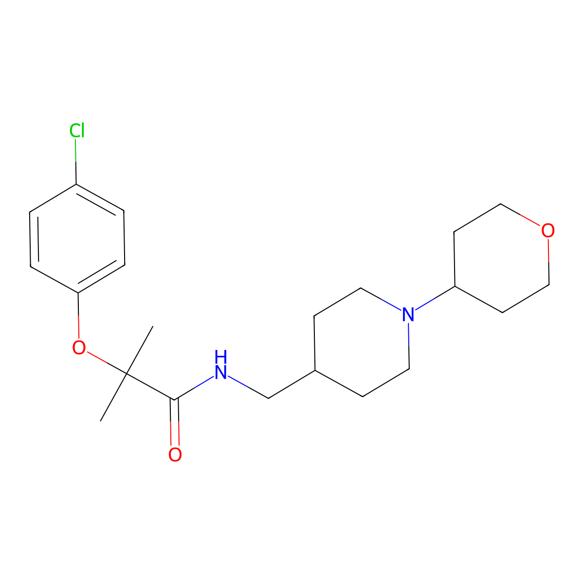 2-(4-chlorophenoxy)-2-methyl-N-((1-(tetrahydro-2H-pyran-4-yl)piperidin-4-yl)methyl)propanamide molecular structure, CAS 2034324-85-9