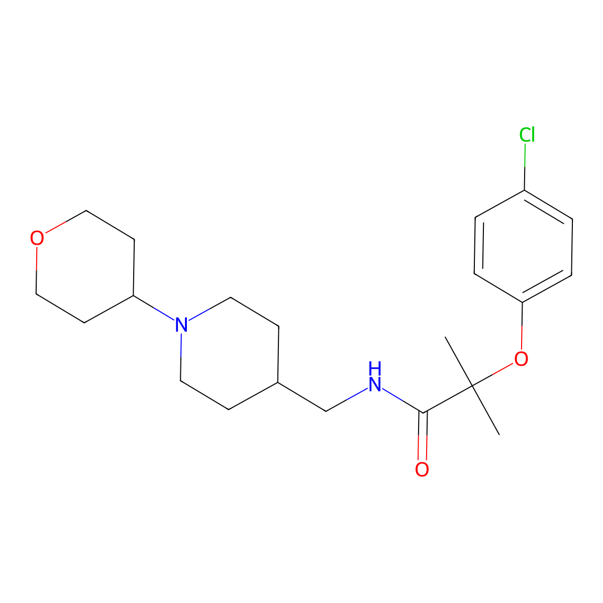 2-(4-chlorophenoxy)-2-methyl-N-((1-(tetrahydro-2H-pyran-4-yl)piperidin-4-yl)methyl)propanamide molecular structure, CAS 2034324-85-9