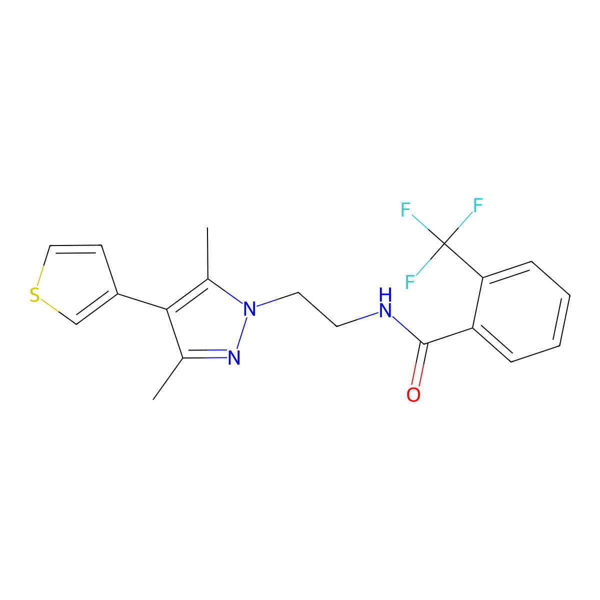 N-{2-[3,5-dimethyl-4-(thiophen-3-yl)-1H-pyrazol-1-yl]ethyl}-2-(trifluoromethyl)benzamide molecular structure, CAS 2034324-88-2