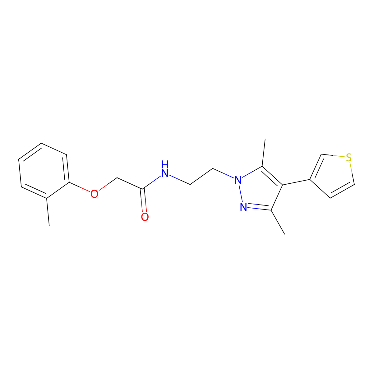 N-(2-(3,5-dimethyl-4-(thiophen-3-yl)-1H-pyrazol-1-yl)ethyl)-2-(o-tolyloxy)acetamide molecular structure, CAS 2034324-94-0