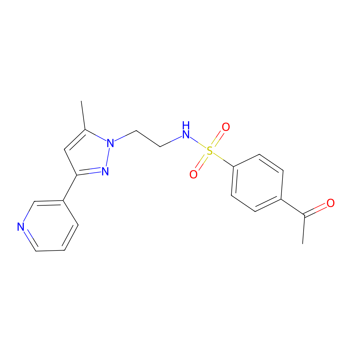 4-acetyl-N-(2-(5-methyl-3-(pyridin-3-yl)-1H-pyrazol-1-yl)ethyl)benzenesulfonamide molecular structure, CAS 2034325-20-5