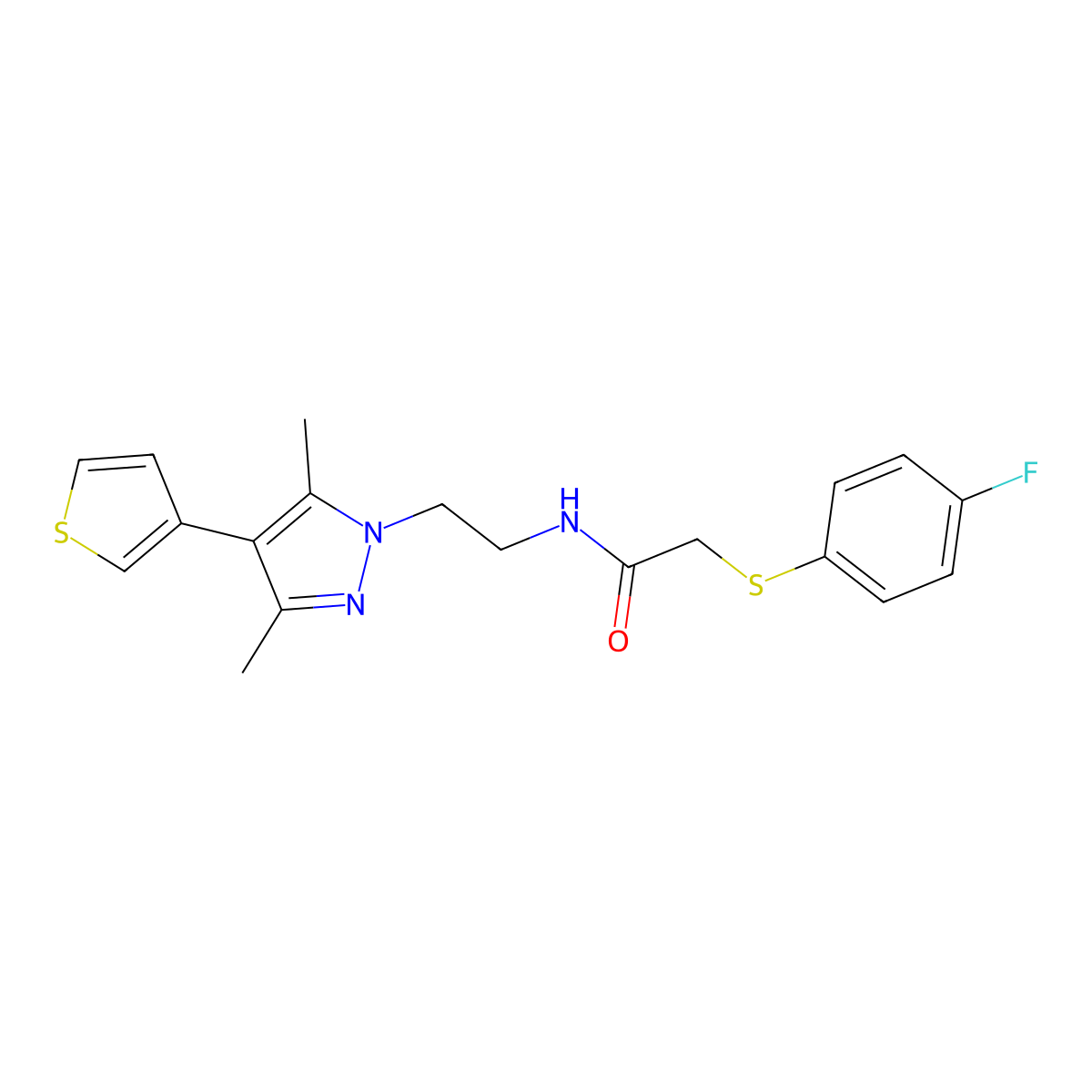 N-(2-(3,5-dimethyl-4-(thiophen-3-yl)-1H-pyrazol-1-yl)ethyl)-2-((4-fluorophenyl)thio)acetamide molecular structure, CAS 2034325-22-7
