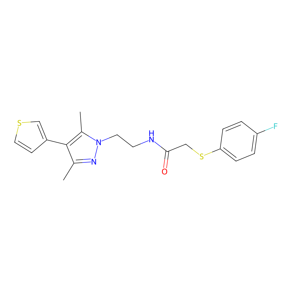 N-(2-(3,5-dimethyl-4-(thiophen-3-yl)-1H-pyrazol-1-yl)ethyl)-2-((4-fluorophenyl)thio)acetamide molecular structure, CAS 2034325-22-7