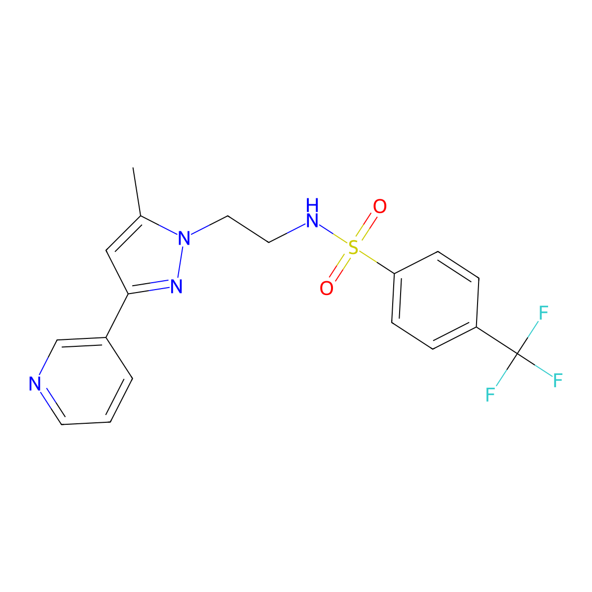 N-(2-(5-methyl-3-(pyridin-3-yl)-1H-pyrazol-1-yl)ethyl)-4-(trifluoromethyl)benzenesulfonamide molecular structure, CAS 2034325-27-2