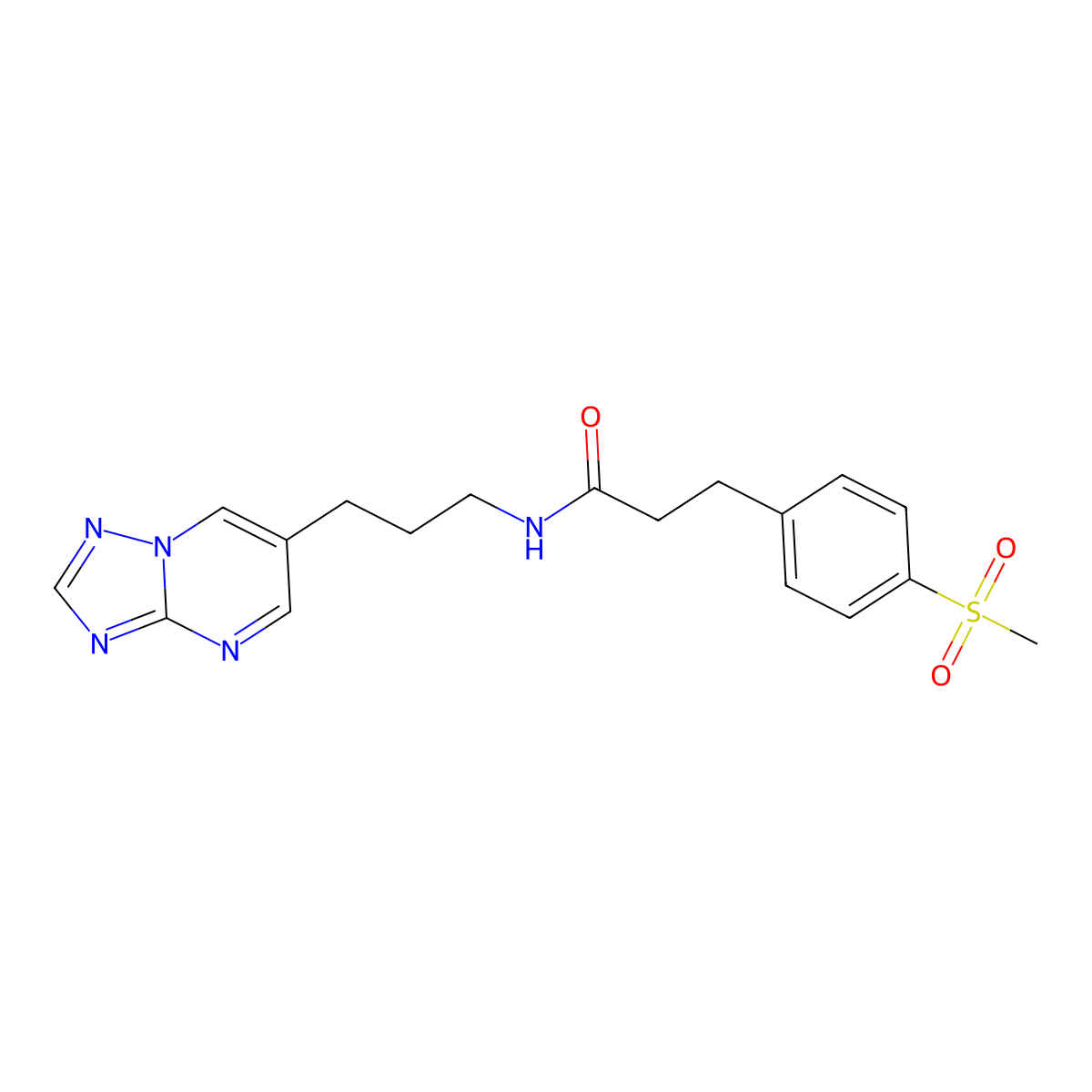 N-(3-([1,2,4]triazolo[1,5-a]pyrimidin-6-yl)propyl)-3-(4-(methylsulfonyl)phenyl)propanamide molecular structure, CAS 2034325-29-4