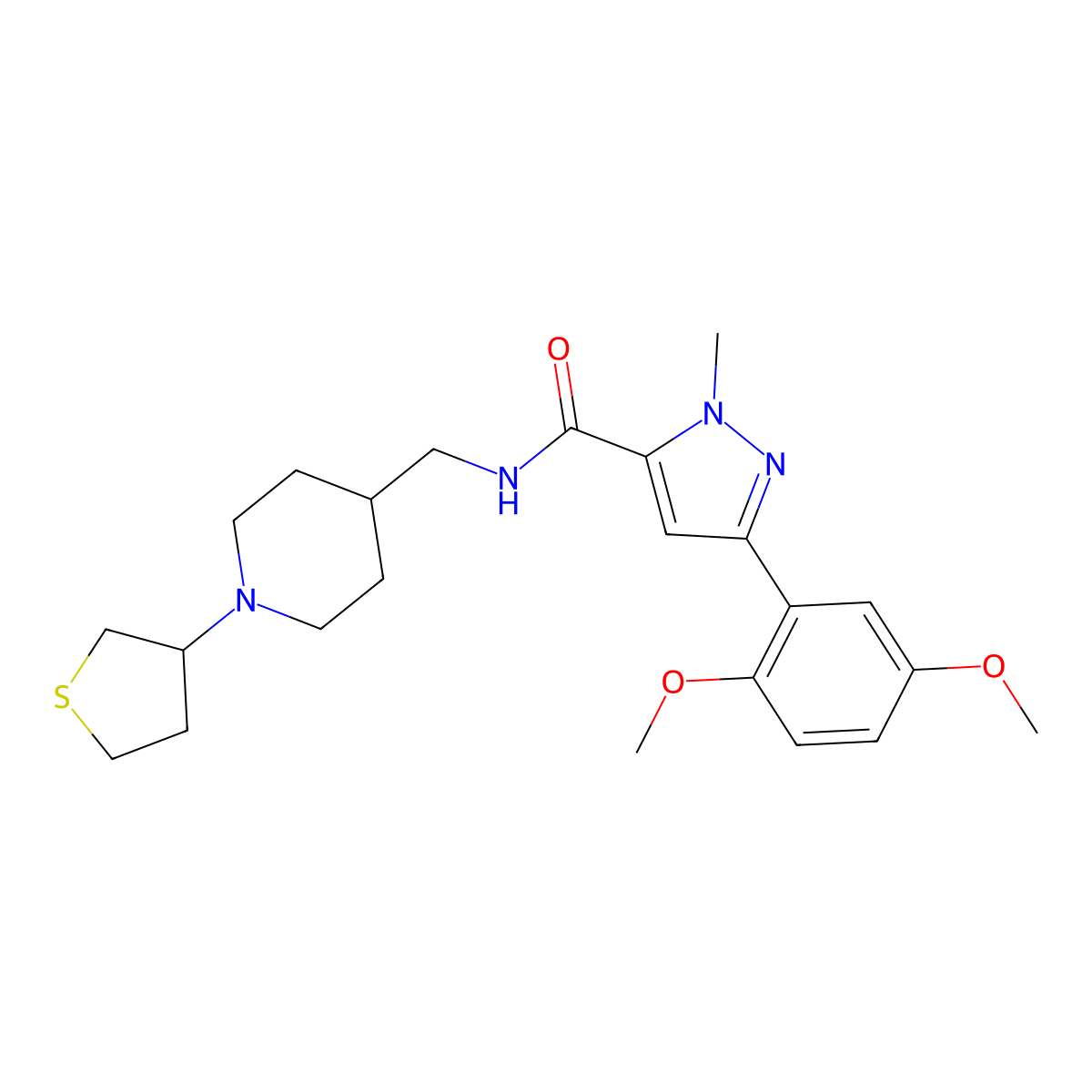 3-(2,5-dimethoxyphenyl)-1-methyl-N-((1-(tetrahydrothiophen-3-yl)piperidin-4-yl)methyl)-1H-pyrazole-5-carboxamide molecular structure, CAS 2034325-30-7