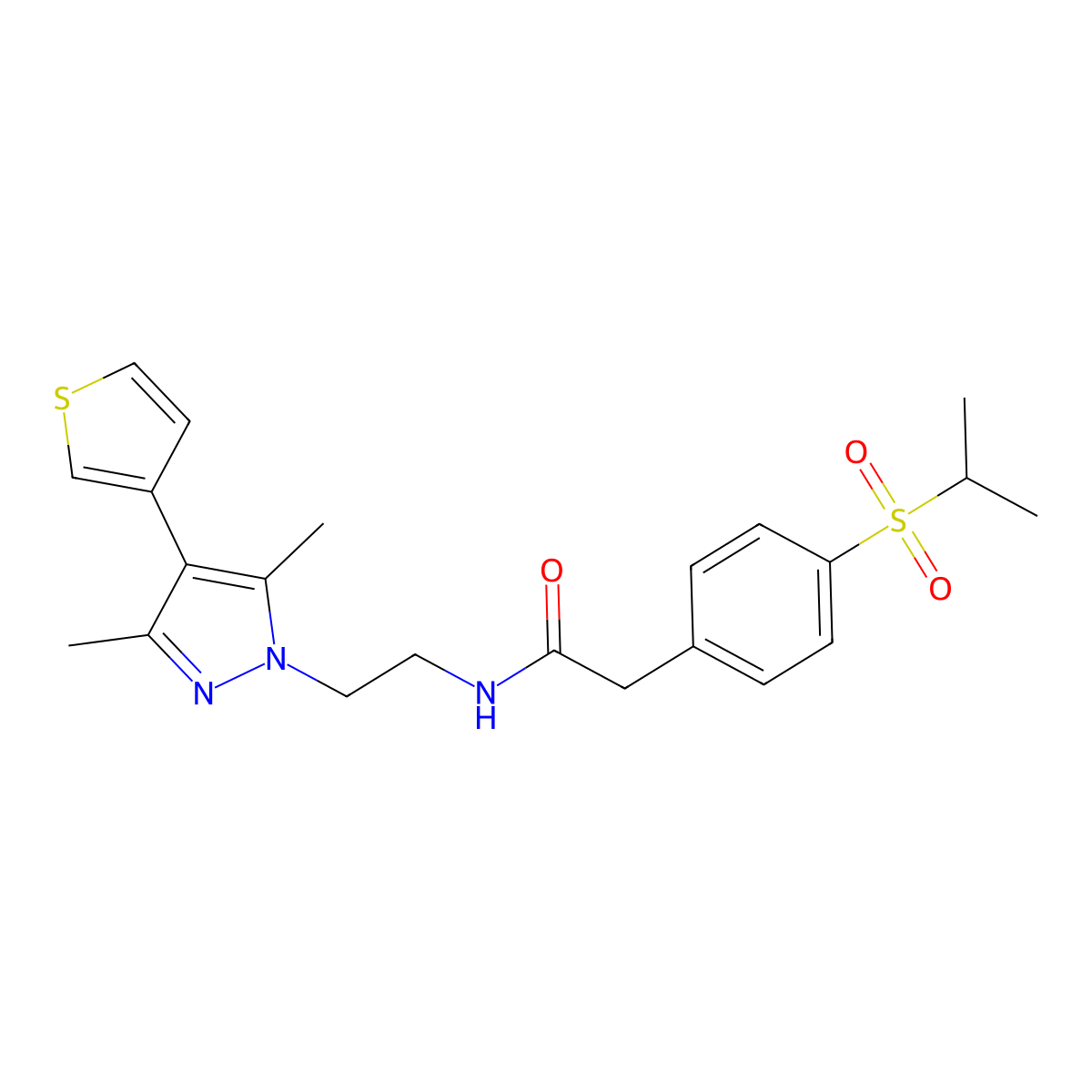 N-(2-(3,5-dimethyl-4-(thiophen-3-yl)-1H-pyrazol-1-yl)ethyl)-2-(4-(isopropylsulfonyl)phenyl)acetamide molecular structure, CAS 2034325-31-8