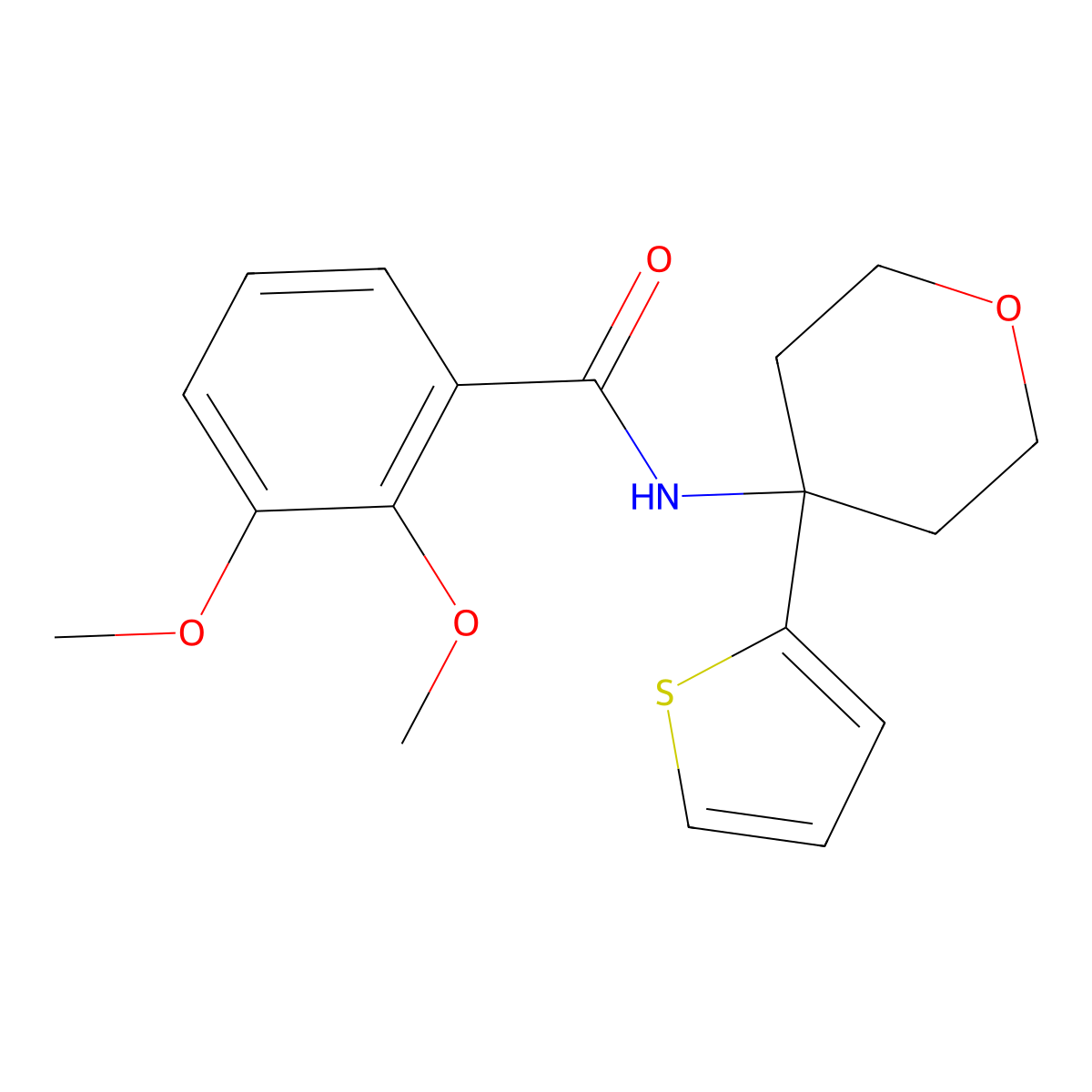 2,3-dimethoxy-N-(4-(thiophen-2-yl)tetrahydro-2H-pyran-4-yl)benzamide molecular structure, CAS 2034325-37-4