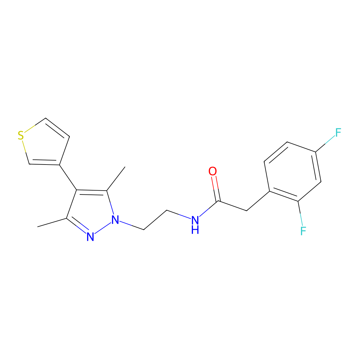 2-(2,4-difluorophenyl)-N-{2-[3,5-dimethyl-4-(thiophen-3-yl)-1H-pyrazol-1-yl]ethyl}acetamide molecular structure, CAS 2034325-38-5