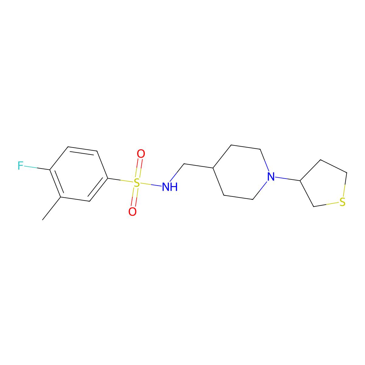 4-fluoro-3-methyl-N-((1-(tetrahydrothiophen-3-yl)piperidin-4-yl)methyl)benzenesulfonamide molecular structure, CAS 2034325-42-1
