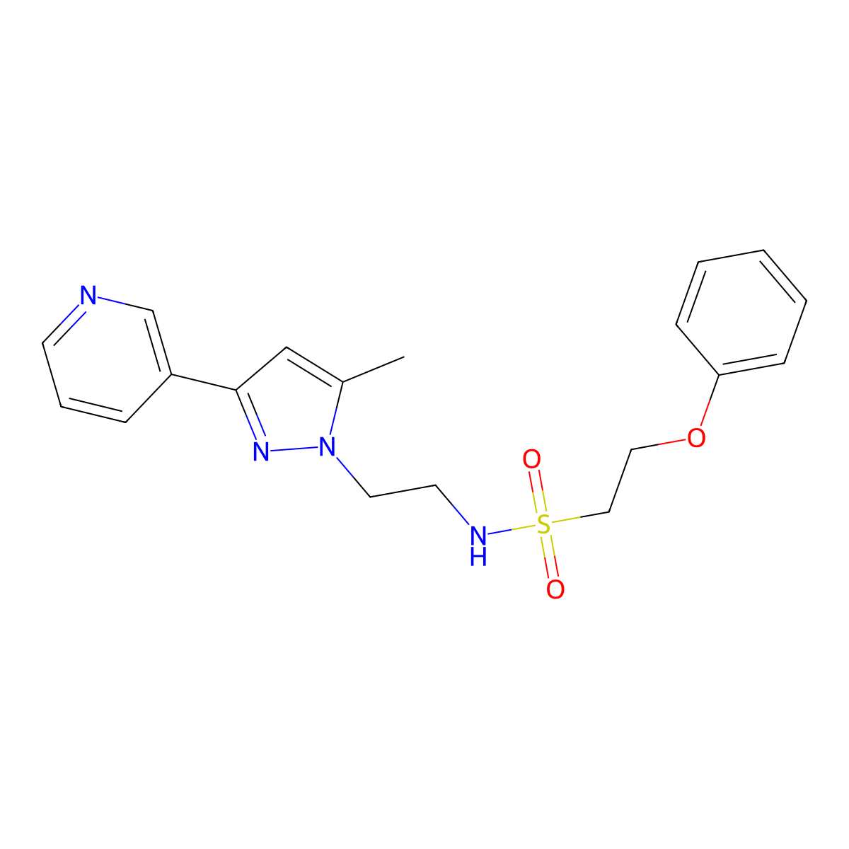 N-(2-(5-methyl-3-(pyridin-3-yl)-1H-pyrazol-1-yl)ethyl)-2-phenoxyethanesulfonamide molecular structure, CAS 2034325-43-2