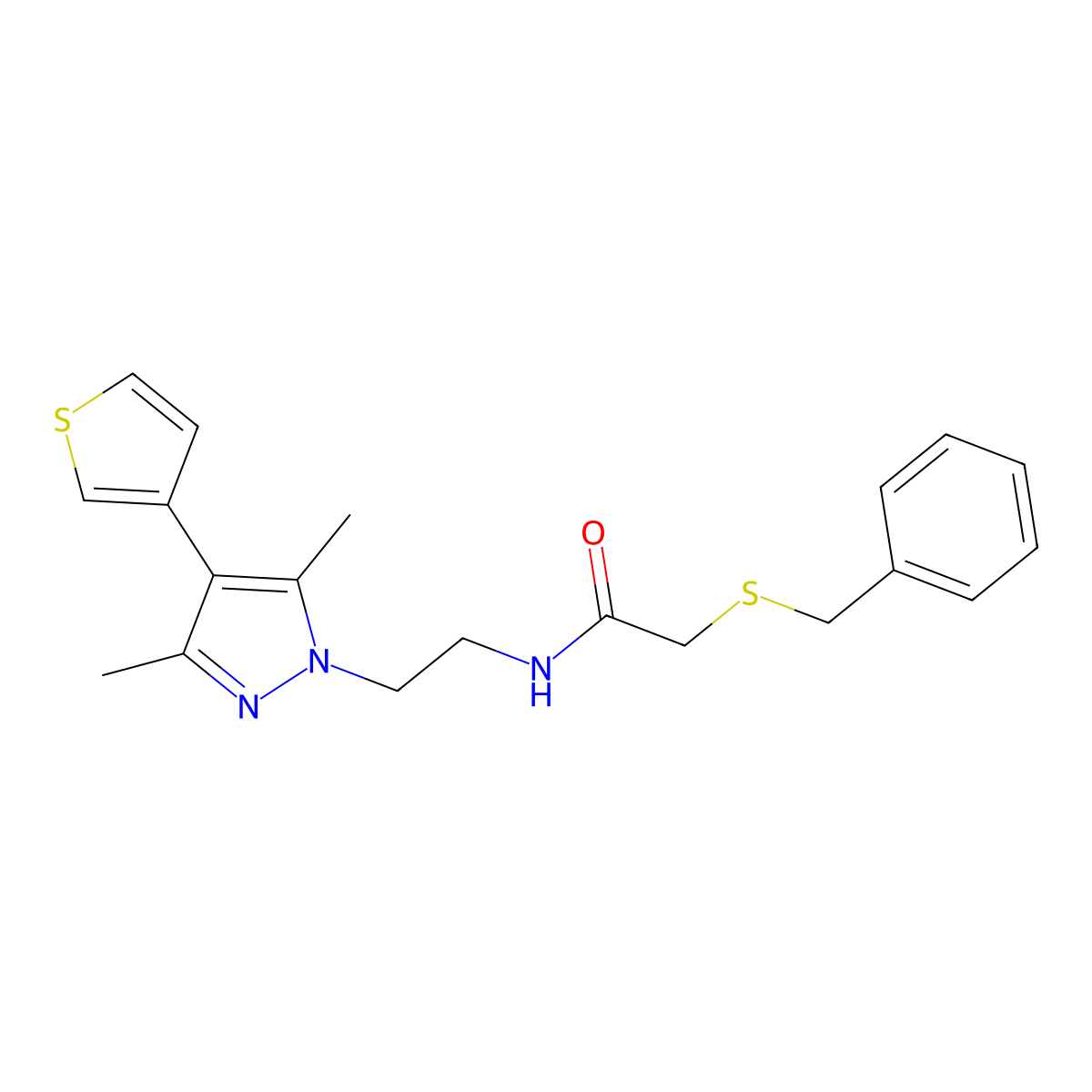 2-(benzylthio)-N-(2-(3,5-dimethyl-4-(thiophen-3-yl)-1H-pyrazol-1-yl)ethyl)acetamide molecular structure, CAS 2034325-45-4