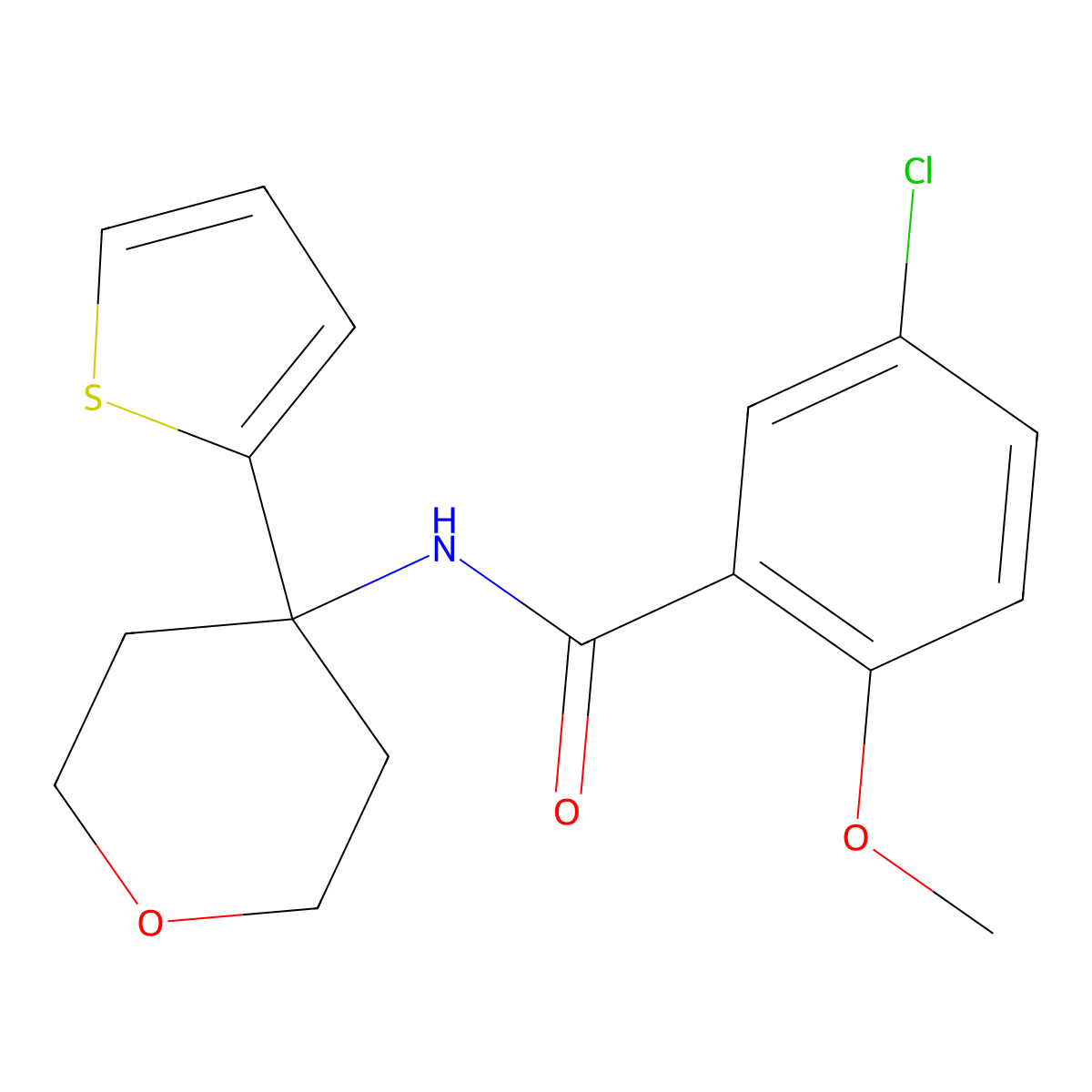 5-chloro-2-methoxy-N-(4-(thiophen-2-yl)tetrahydro-2H-pyran-4-yl)benzamide molecular structure, CAS 2034325-47-6