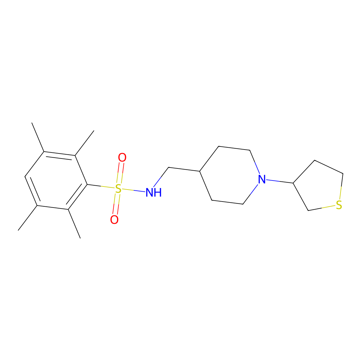 2,3,5,6-tetramethyl-N-((1-(tetrahydrothiophen-3-yl)piperidin-4-yl)methyl)benzenesulfonamide molecular structure, CAS 2034325-51-2