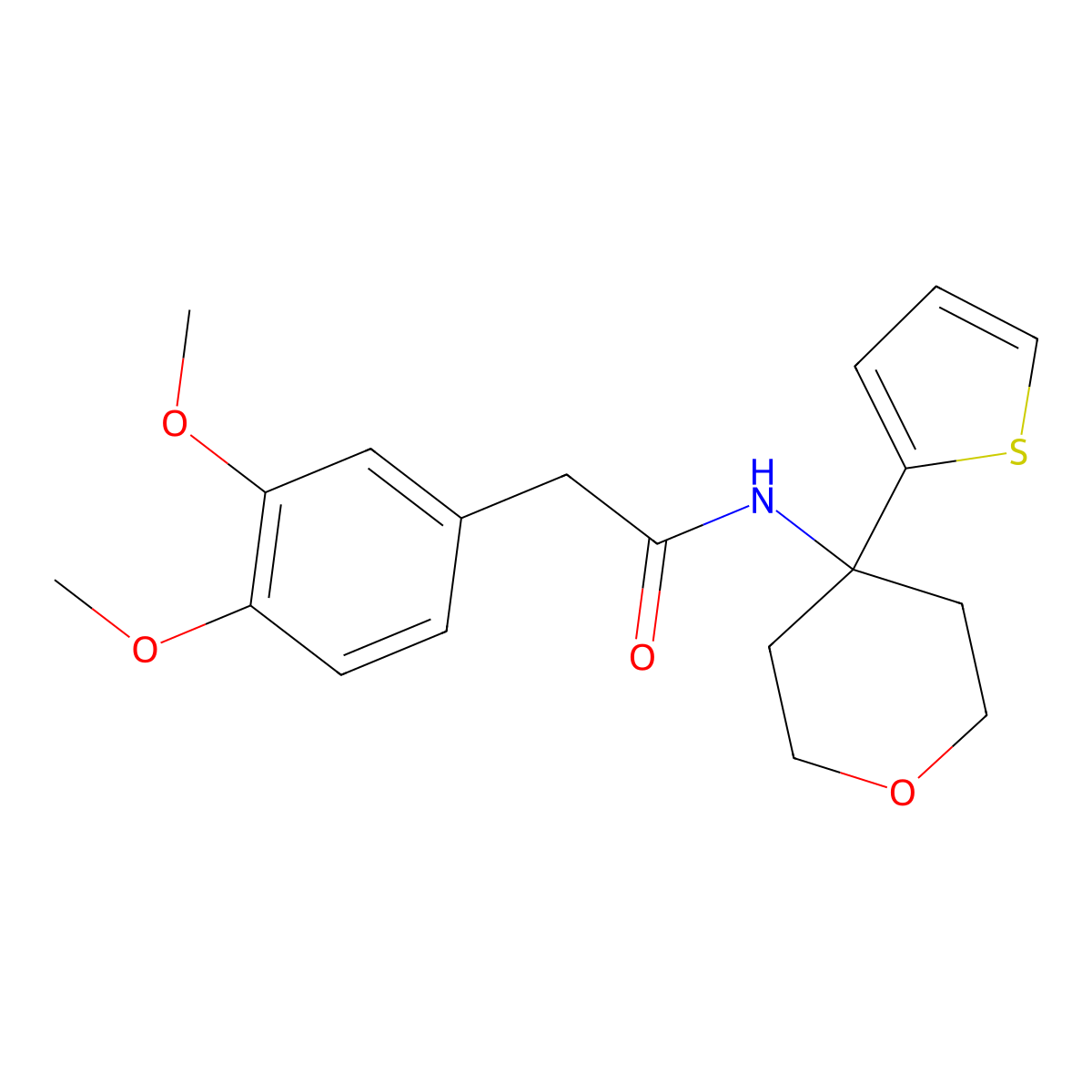 2-(3,4-dimethoxyphenyl)-N-(4-(thiophen-2-yl)tetrahydro-2H-pyran-4-yl)acetamide molecular structure, CAS 2034325-55-6