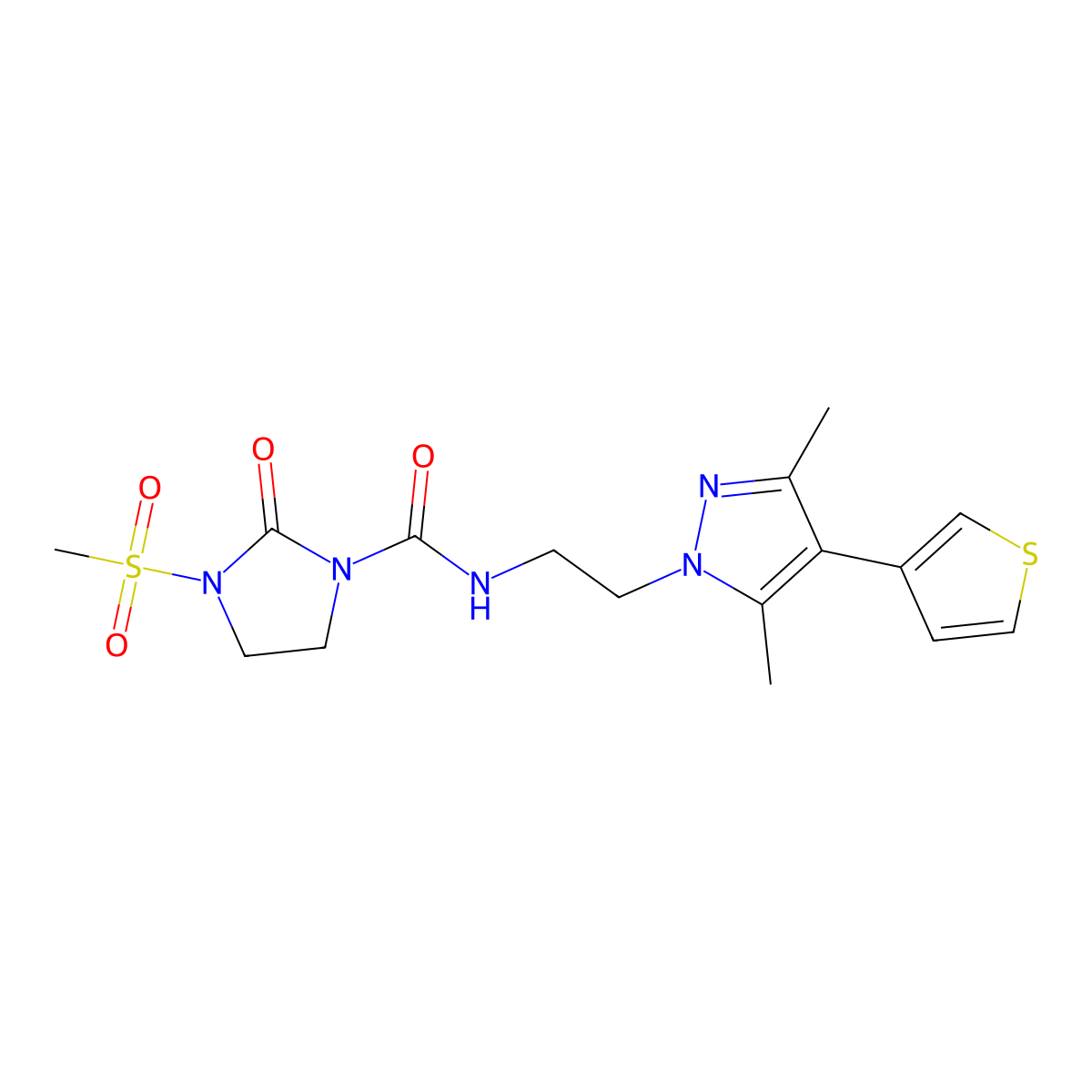 N-(2-(3,5-dimethyl-4-(thiophen-3-yl)-1H-pyrazol-1-yl)ethyl)-3-(methylsulfonyl)-2-oxoimidazolidine-1-carboxamide molecular structure, CAS 2034325-58-9