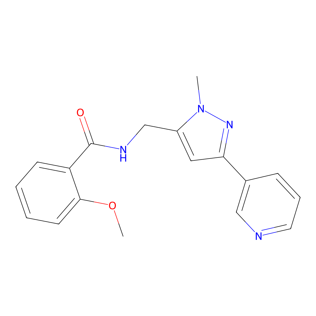 2-methoxy-N-((1-methyl-3-(pyridin-3-yl)-1H-pyrazol-5-yl)methyl)benzamide molecular structure, CAS 2034325-62-5