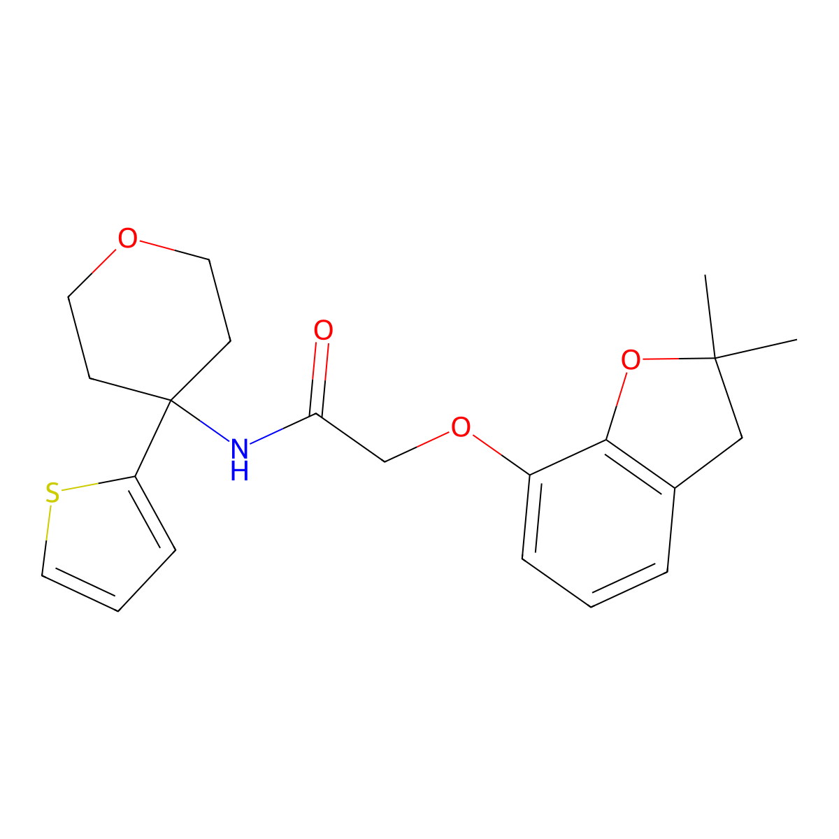 2-((2,2-dimethyl-2,3-dihydrobenzofuran-7-yl)oxy)-N-(4-(thiophen-2-yl)tetrahydro-2H-pyran-4-yl)acetamide molecular structure, CAS 2034325-63-6