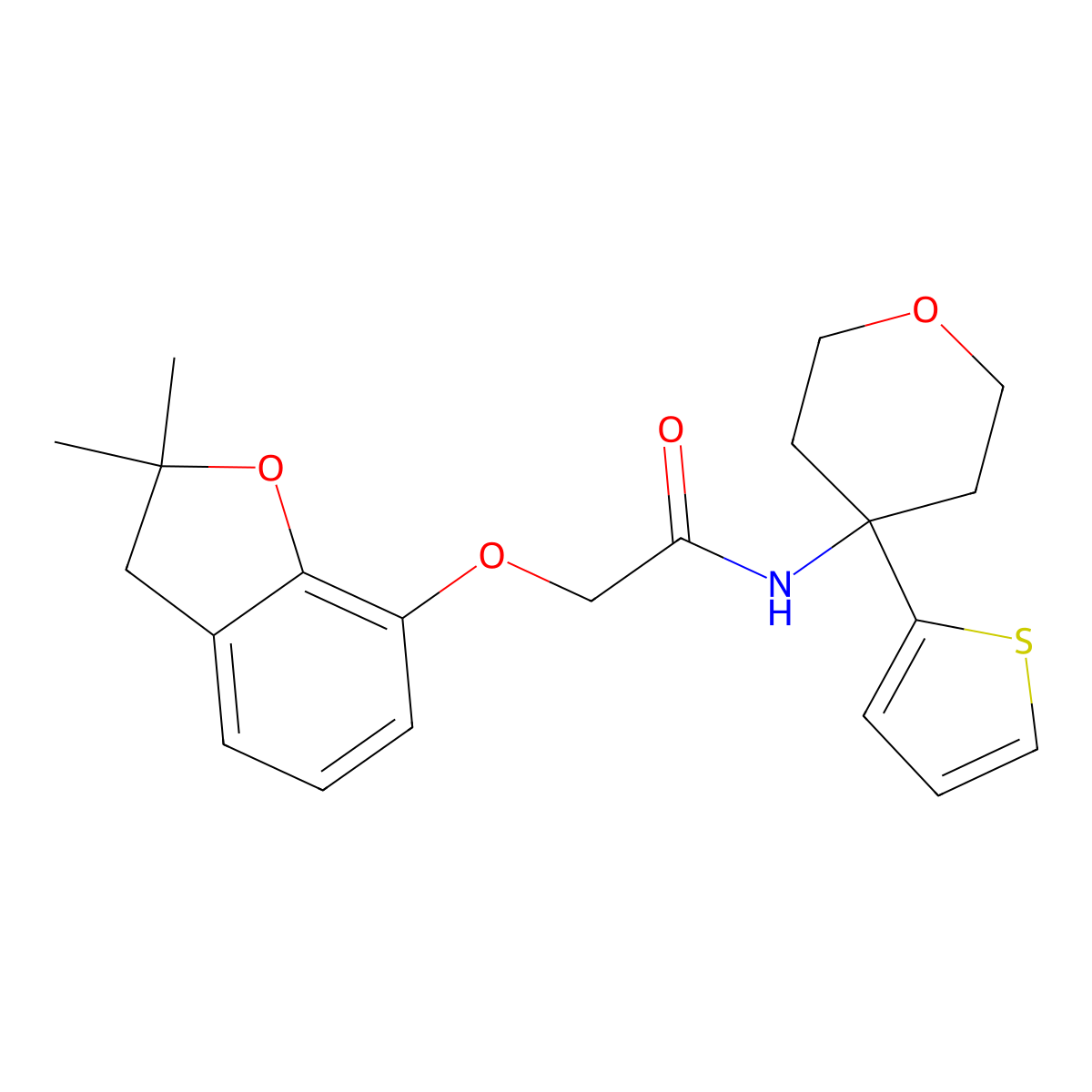 2-((2,2-dimethyl-2,3-dihydrobenzofuran-7-yl)oxy)-N-(4-(thiophen-2-yl)tetrahydro-2H-pyran-4-yl)acetamide molecular structure, CAS 2034325-63-6