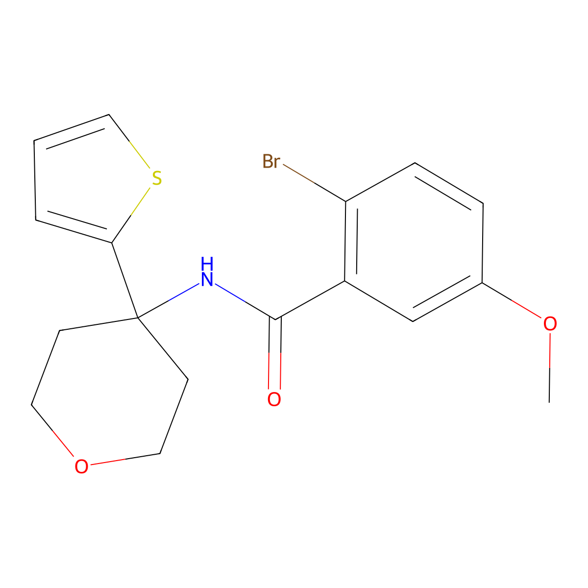 2-bromo-5-methoxy-N-(4-(thiophen-2-yl)tetrahydro-2H-pyran-4-yl)benzamide molecular structure, CAS 2034325-72-7
