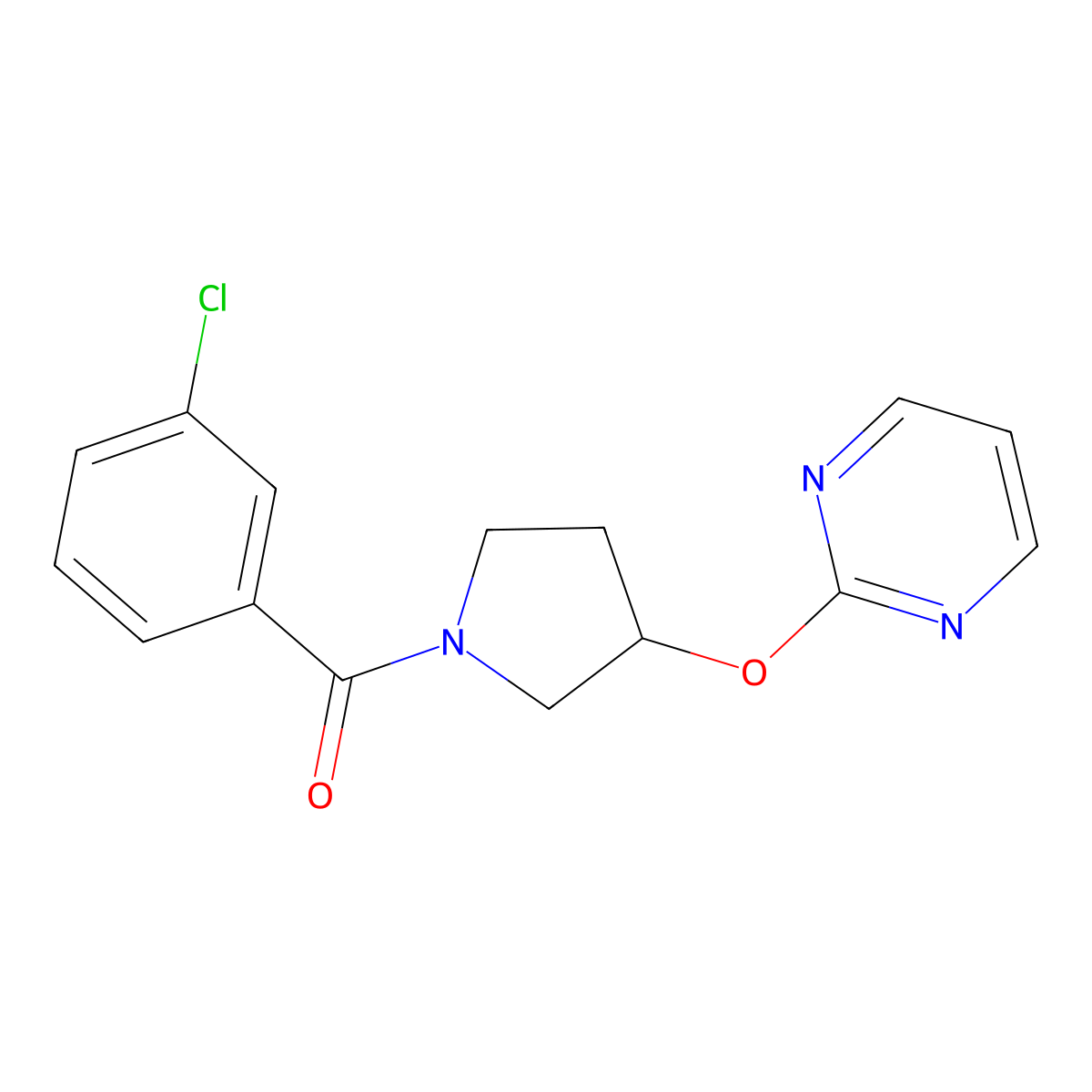 (3-Chlorophenyl)(3-(pyrimidin-2-yloxy)pyrrolidin-1-yl)methanone molecular structure, CAS 2034325-77-2