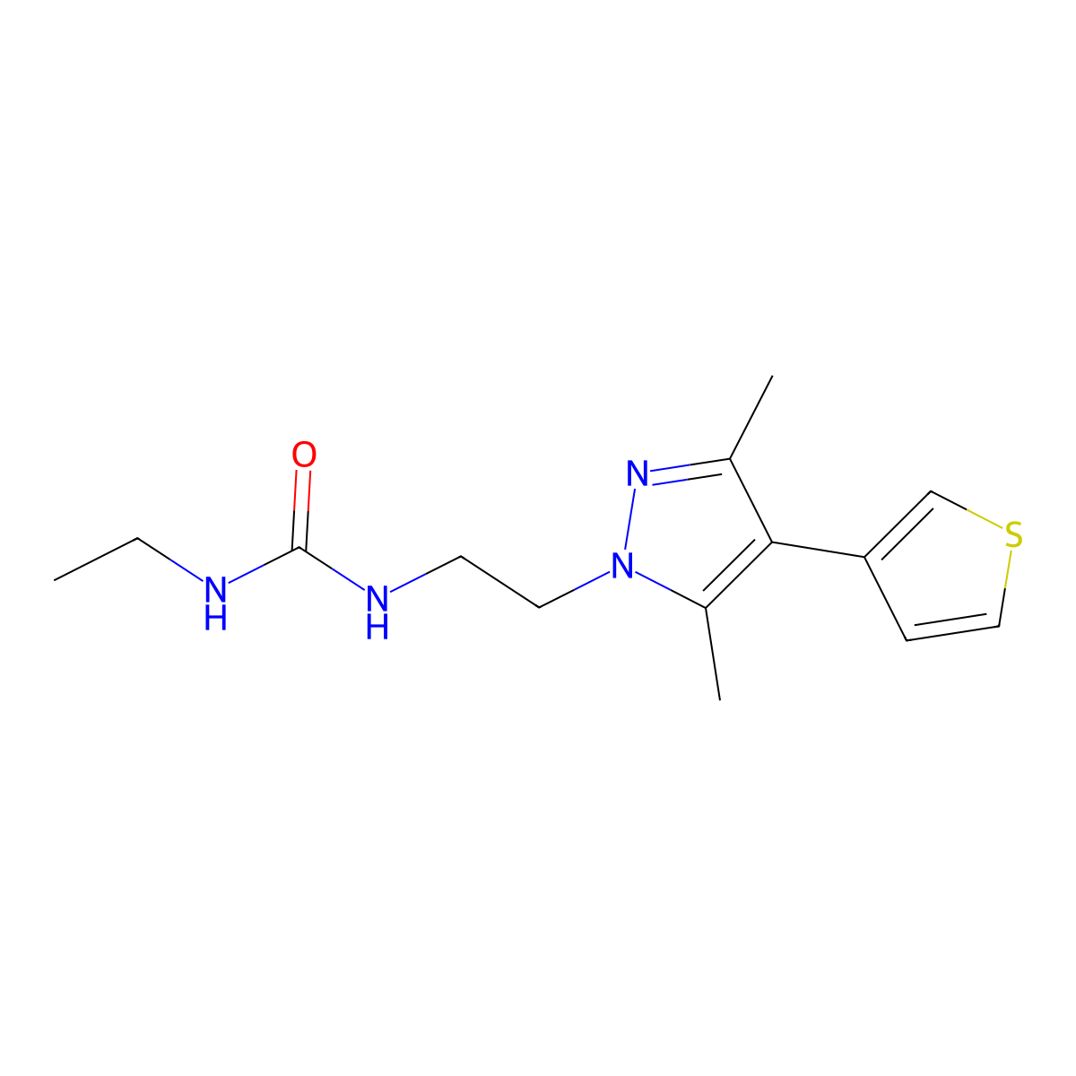 1-(2-(3,5-dimethyl-4-(thiophen-3-yl)-1H-pyrazol-1-yl)ethyl)-3-ethylurea molecular structure, CAS 2034325-80-7