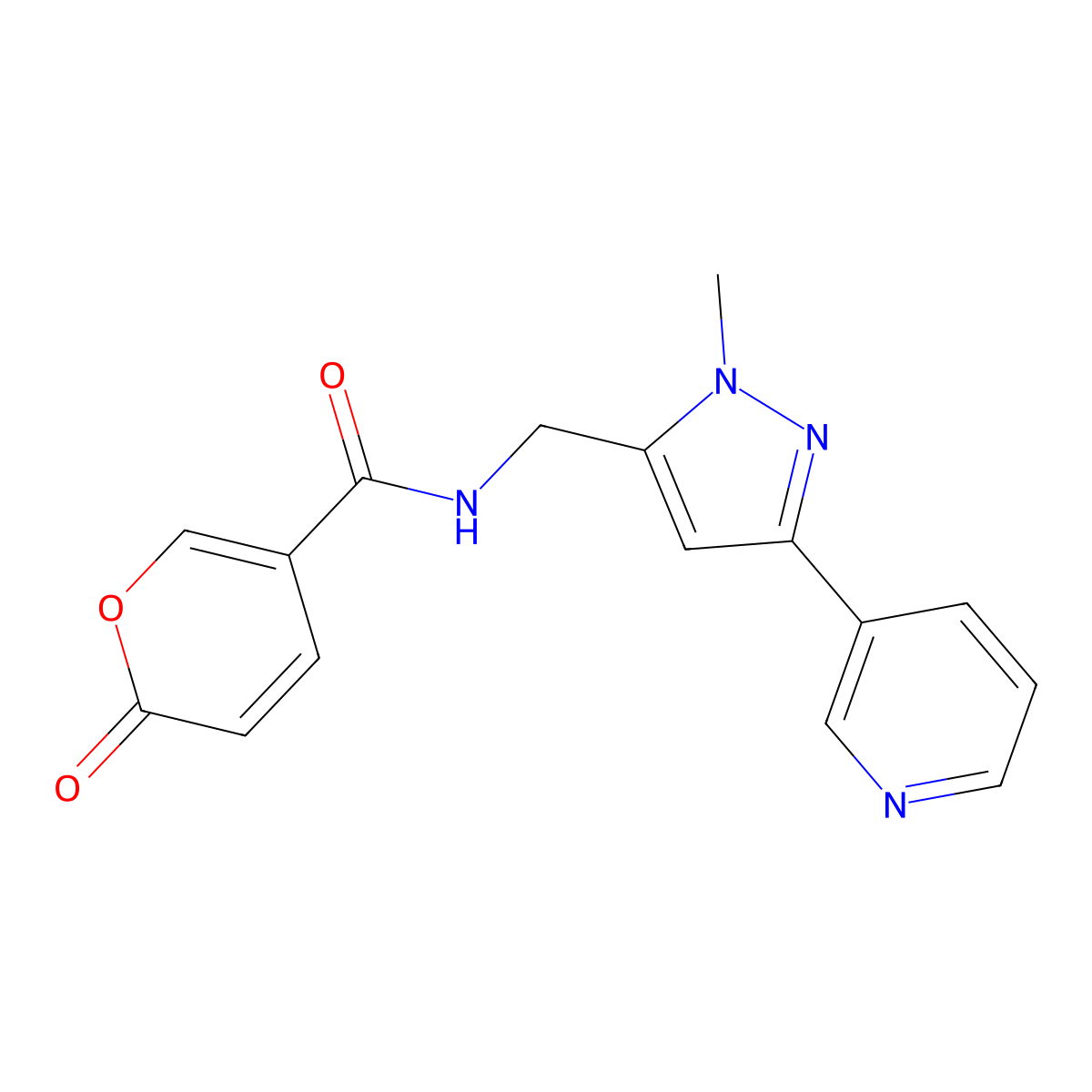N-((1-methyl-3-(pyridin-3-yl)-1H-pyrazol-5-yl)methyl)-2-oxo-2H-pyran-5-carboxamide molecular structure, CAS 2034325-81-8