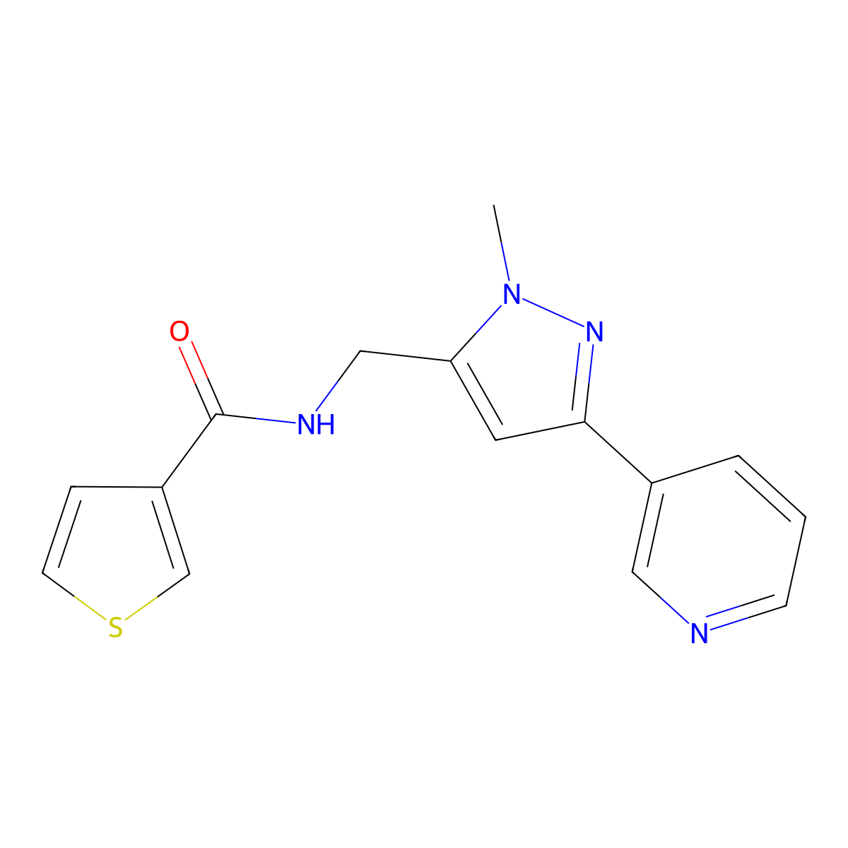N-((1-methyl-3-(pyridin-3-yl)-1H-pyrazol-5-yl)methyl)thiophene-3-carboxamide molecular structure, CAS 2034325-87-4