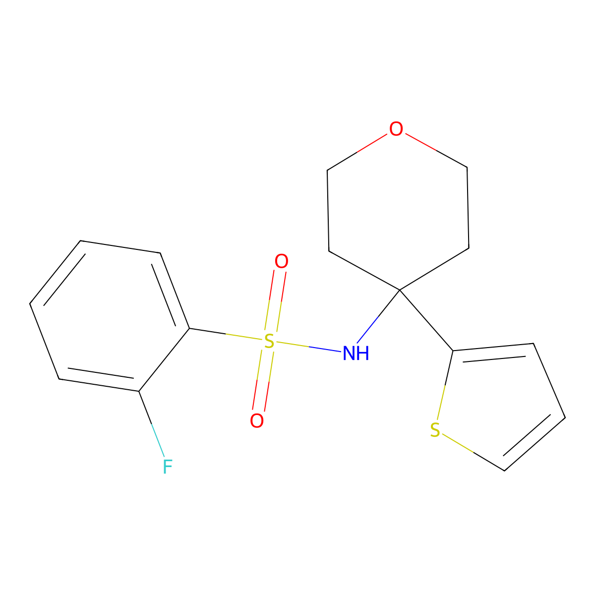 2-fluoro-N-(4-(thiophen-2-yl)tetrahydro-2H-pyran-4-yl)benzenesulfonamide molecular structure, CAS 2034325-88-5