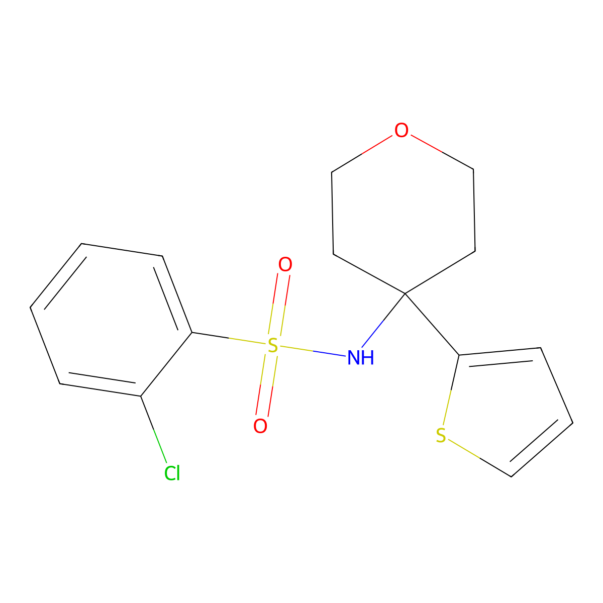 2-chloro-N-(4-(thiophen-2-yl)tetrahydro-2H-pyran-4-yl)benzenesulfonamide molecular structure, CAS 2034325-93-2
