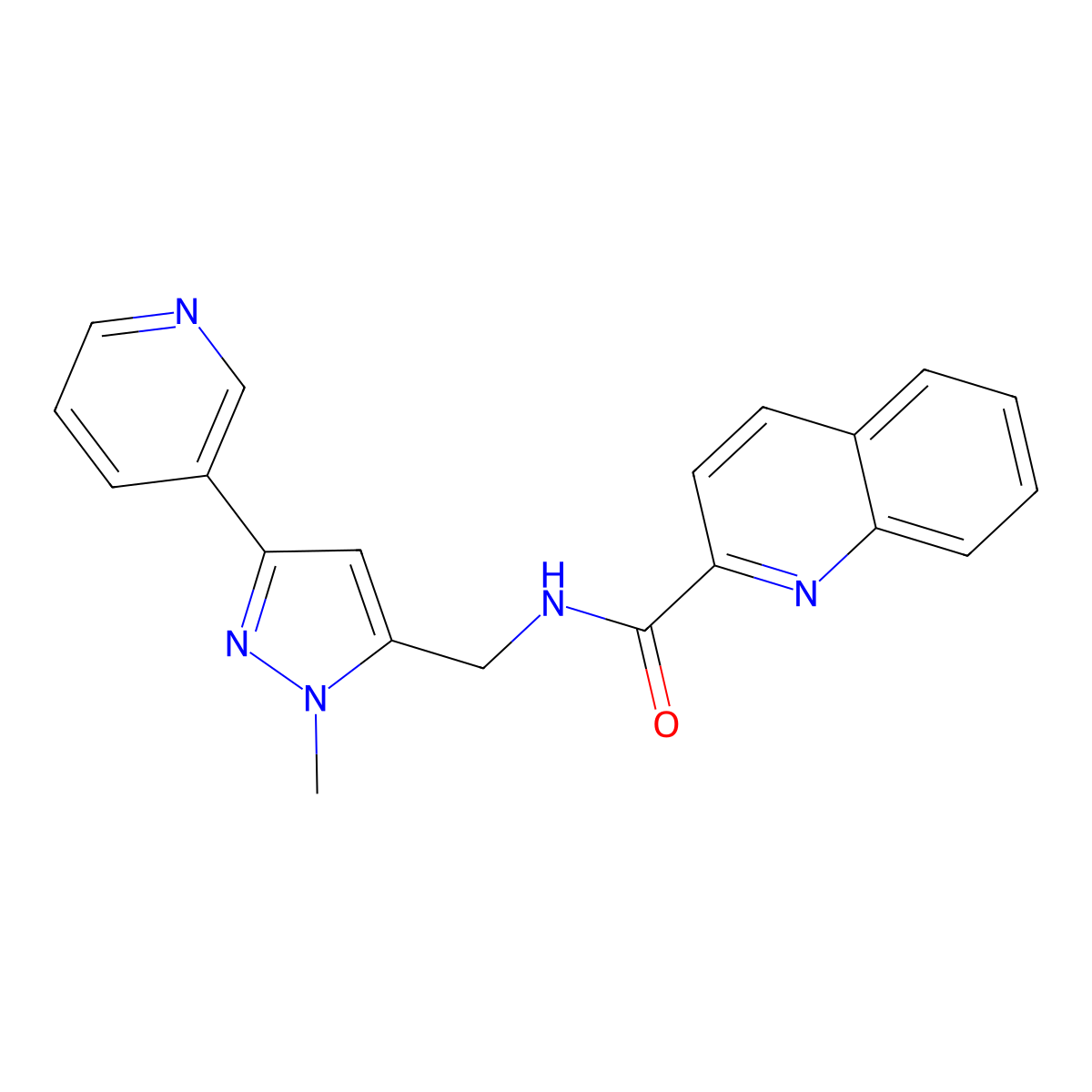 N-{[1-methyl-3-(pyridin-3-yl)-1H-pyrazol-5-yl]methyl}quinoline-2-carboxamide molecular structure, CAS 2034325-97-6