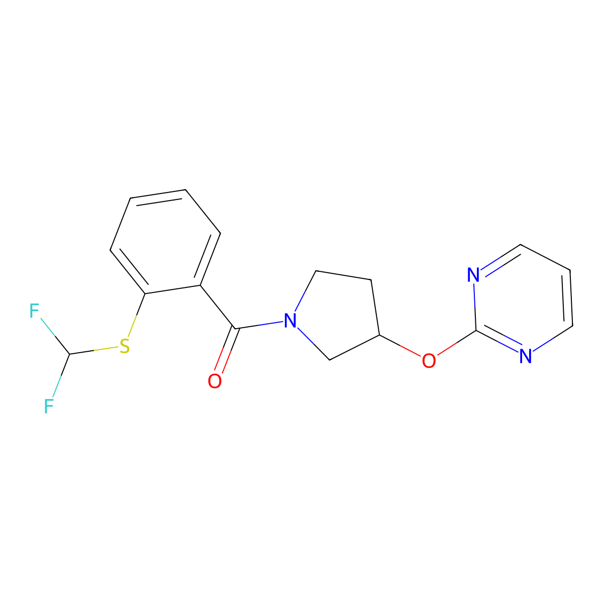 (2-((Difluoromethyl)thio)phenyl)(3-(pyrimidin-2-yloxy)pyrrolidin-1-yl)methanone molecular structure, CAS 2034326-03-7