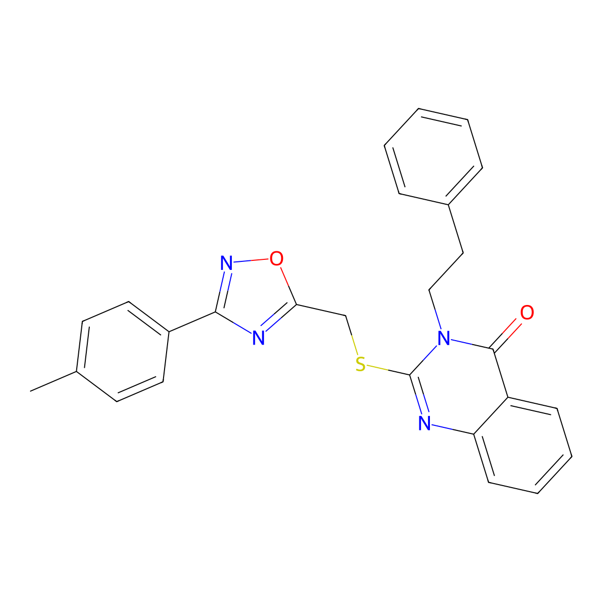 3-phenethyl-2-(((3-(p-tolyl)-1,2,4-oxadiazol-5-yl)methyl)thio)quinazolin-4(3H)-one molecular structure, CAS 2034326-05-9